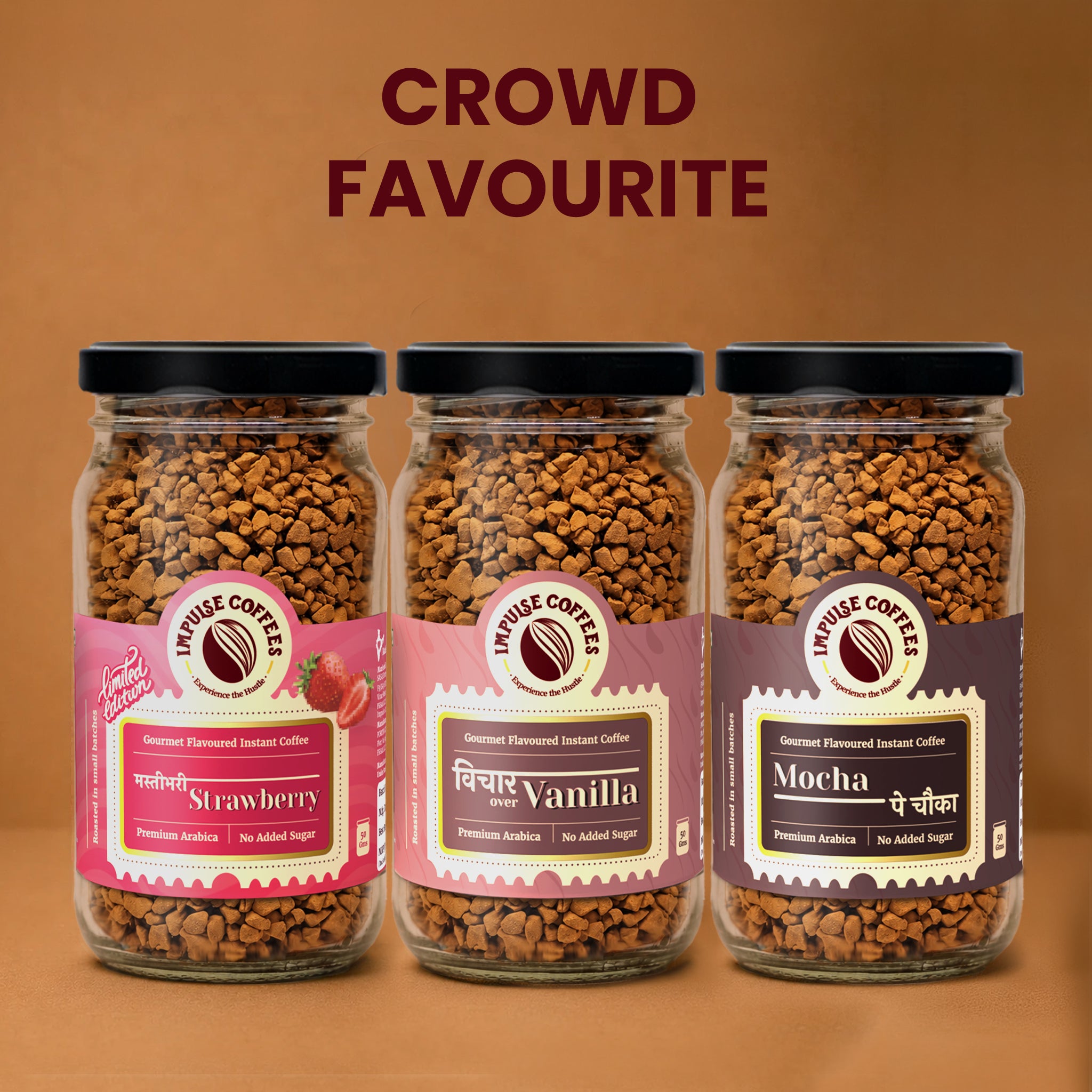 Everyone’s Favourites Combo | Mastibhari Strawberry Coffee Powder 50 gms jar + Mocha pe Chauka Coffee Powder 50 gms jar + Vichaar over Vanilla coffee powder 50 gms jar