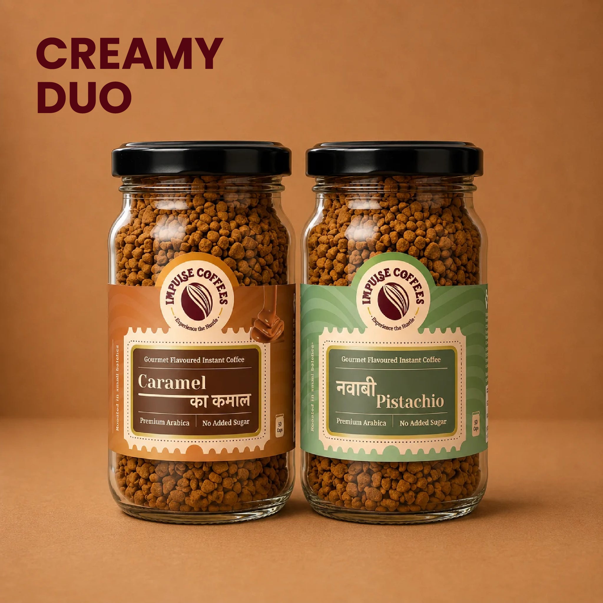 Impulse Coffees Nawabi Meetha Combo premium product bundle featuring a twin set of glass jars standing side-by-side: Caramel Ka Kamal and Nawabi Pistachio gourmet flavoured instant coffee.