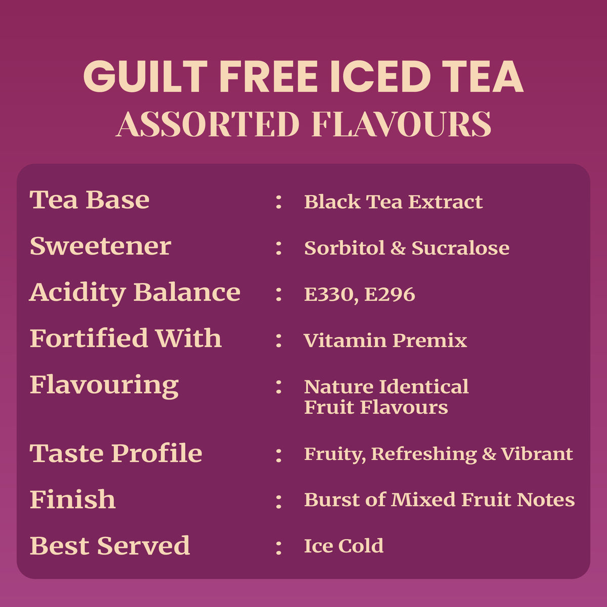 Flavor profile and ingredient breakdown chart for Impulse Coffees Guilt Free Iced Tea Assorted Flavours. Lists black tea extract base, vitamin premix fortification, and a vibrant mixed fruit finish.