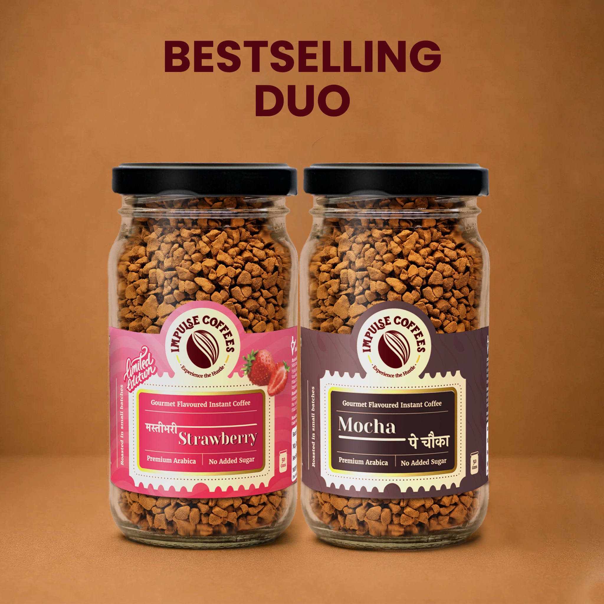 Two jars of flavored instant coffee with labels for Strawberry and Mocha on a brown background.