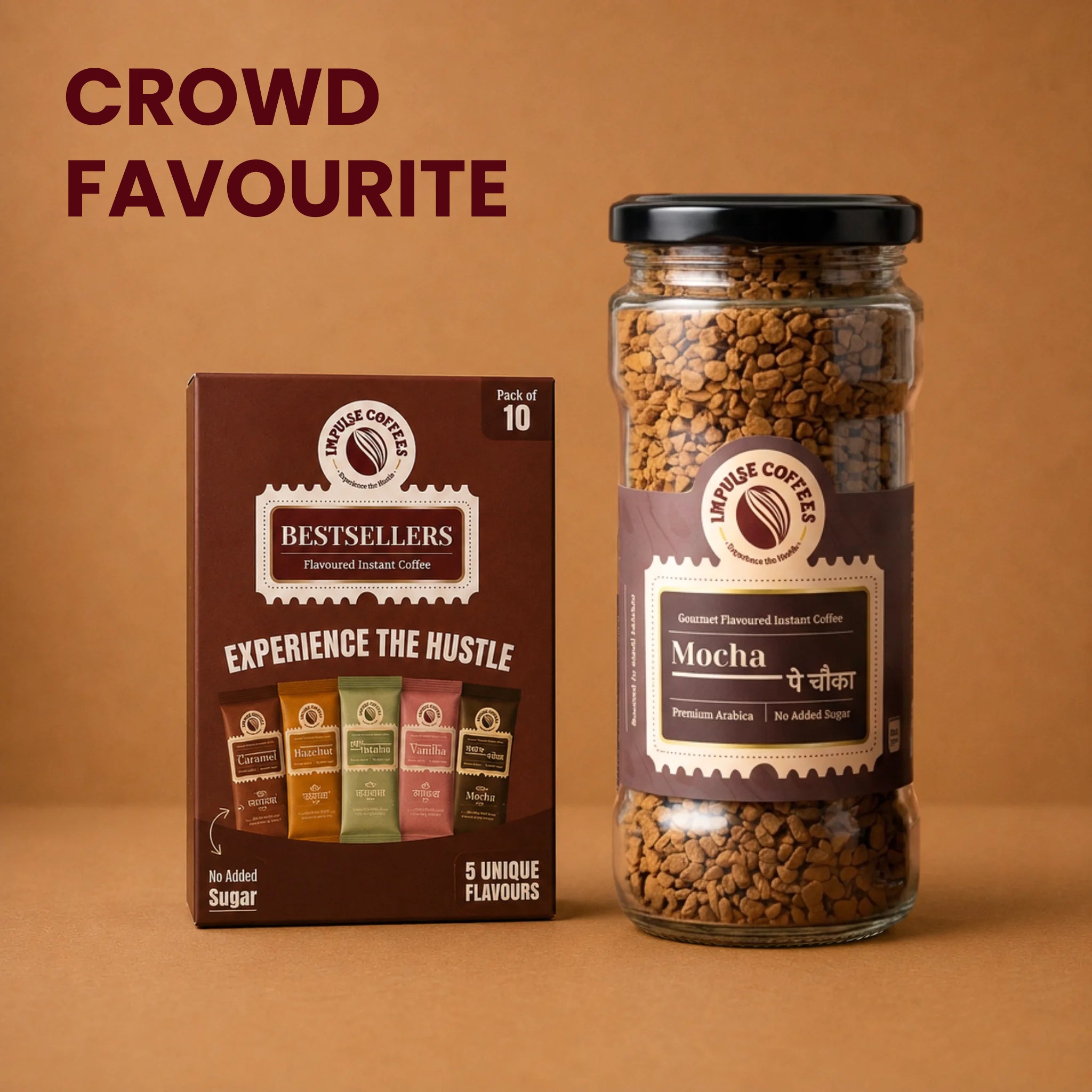 Impulse Coffees Crowd Favourite Combo featuring a premium glass jar of Mocha Pe Chauka gourmet flavoured instant coffee standing next to a Bestsellers trial pack of 10 assorted coffee sachets on a warm brown background.