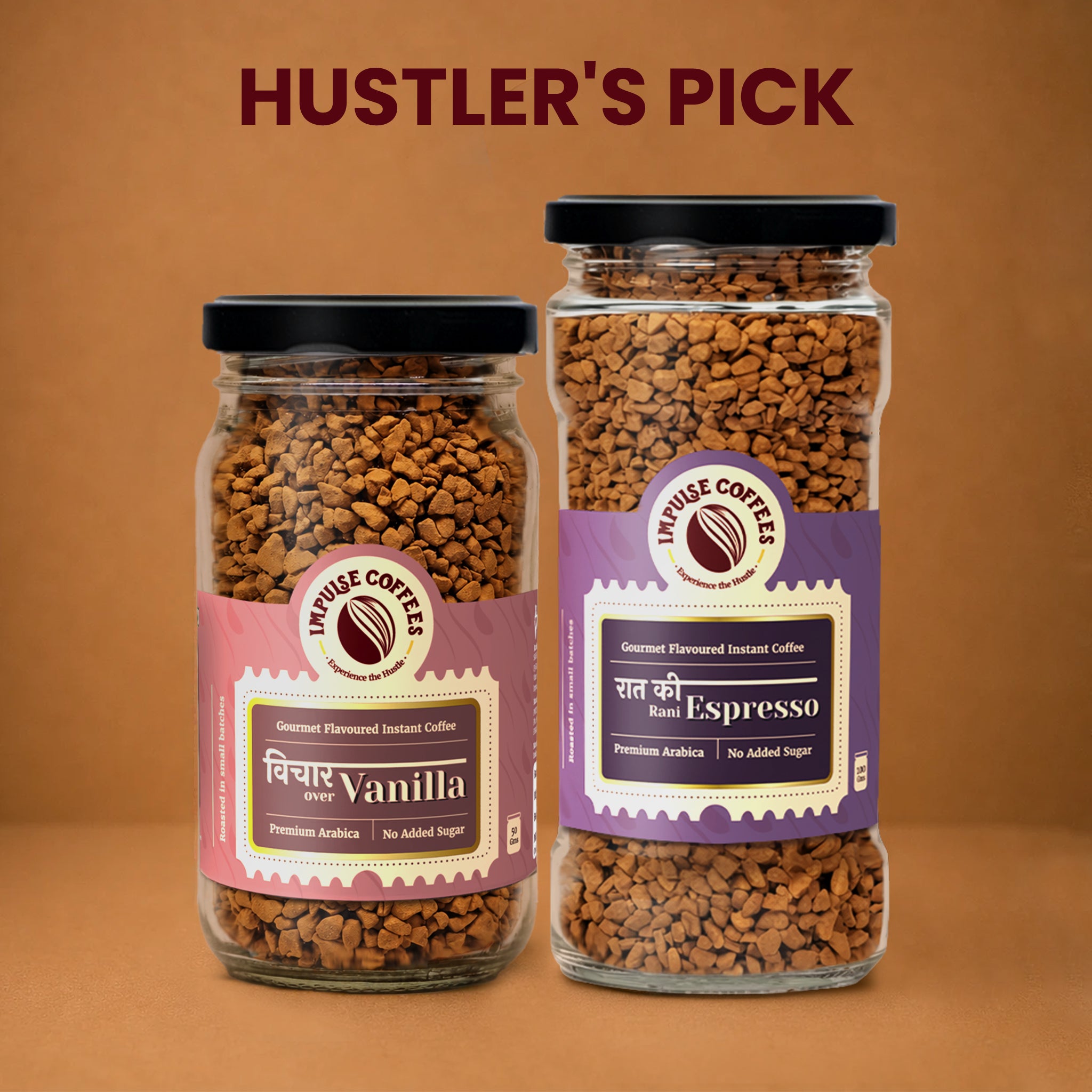 Impulse Coffees Bittersweet Combo product bundle featuring a twin set of glass jars standing side-by-side on a warm brown background: Raat Ki Rani Espresso and Pyarbhari Chocolate Raspberry gourmet flavoured instant coffee.