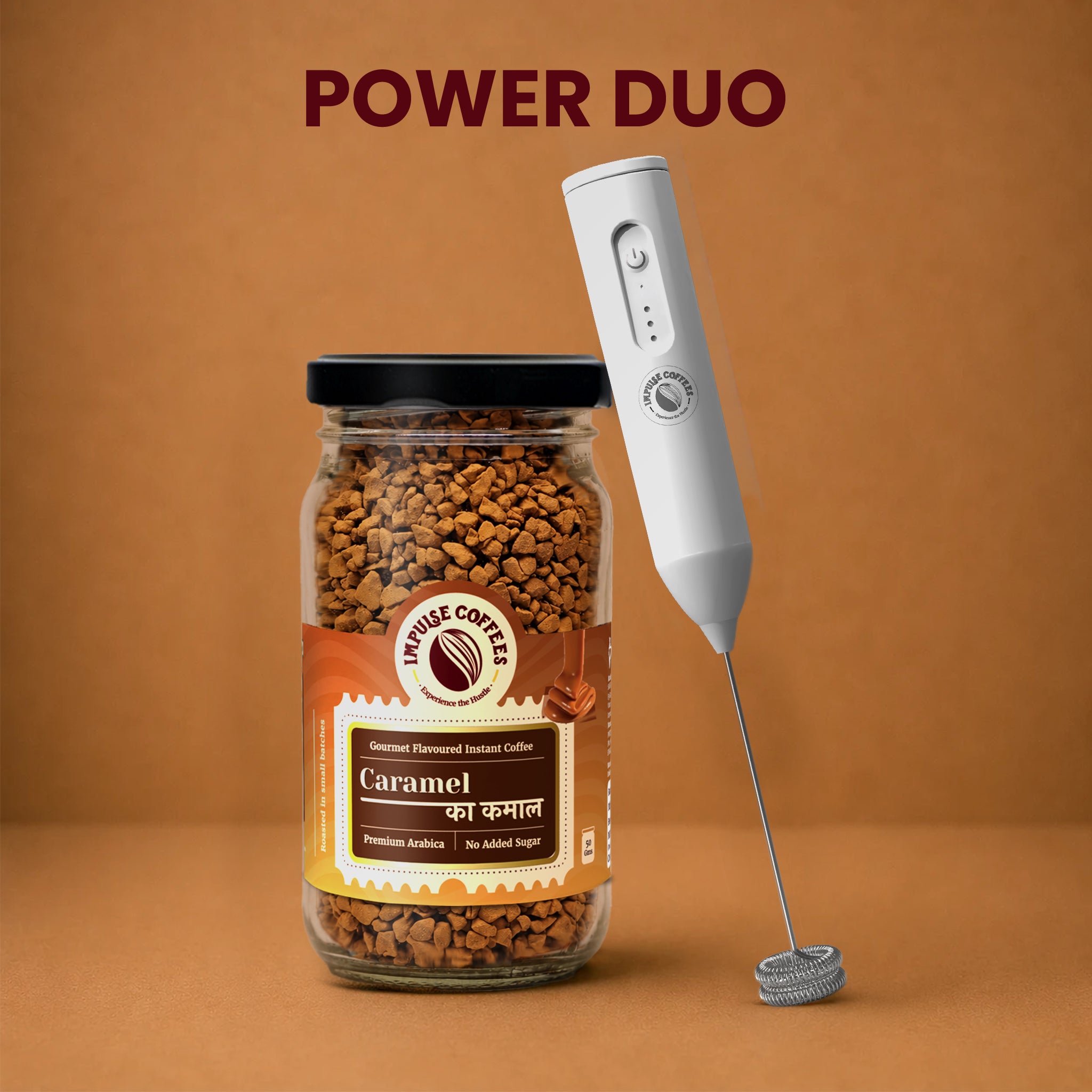 Impulse Coffees Caramel Swirl product bundle featuring two premium glass jars standing side-by-side on a warm brown background: Caramel Ka Kamal and Vichaar Over Vanilla gourmet flavoured instant coffee.