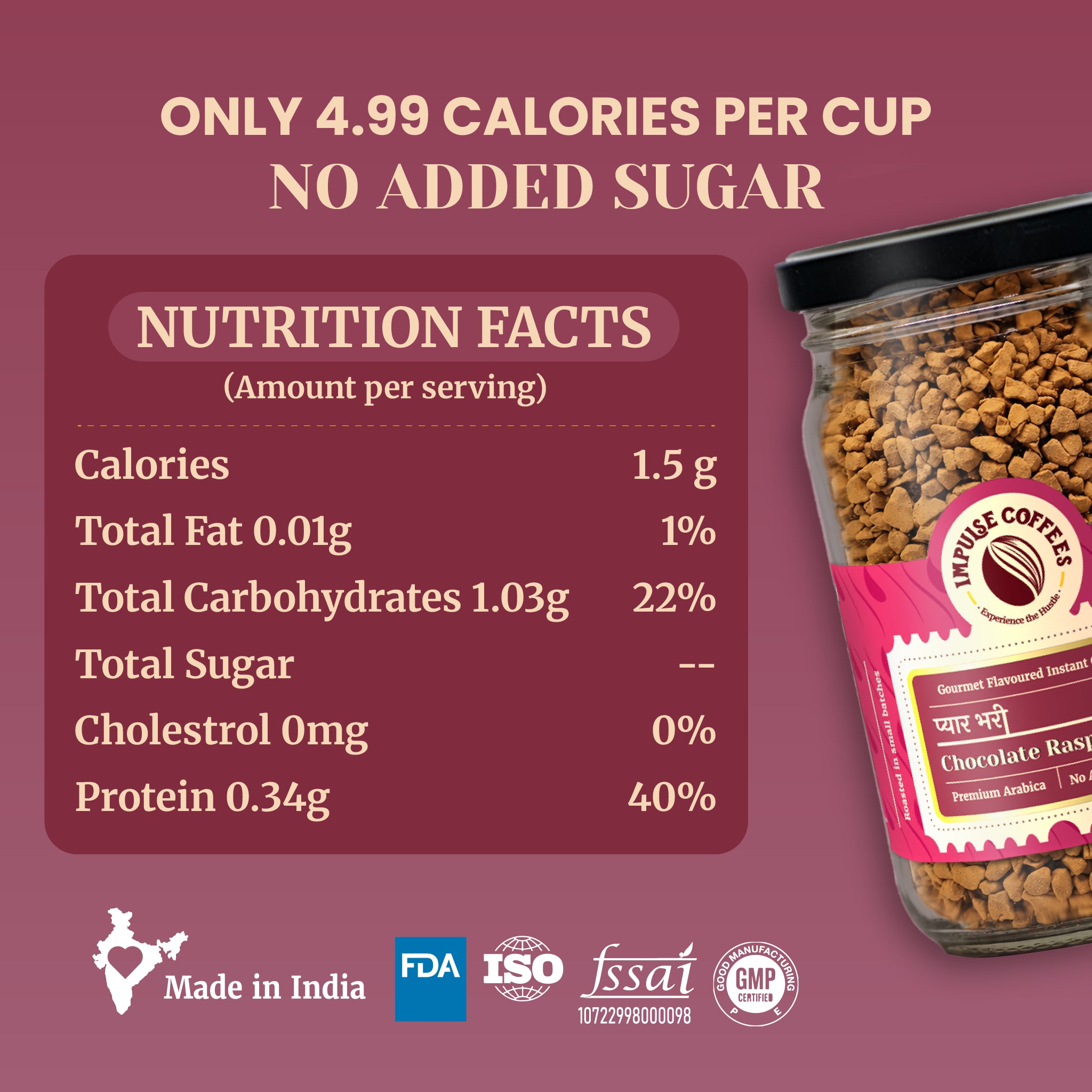 Nutritional information chart for Impulse Coffees Pyaarbhari Chocolate Raspberry instant coffee showcasing 4.99 calories per cup and no added sugar. The serving breakdown lists 1.5g calories, 0.01g total fat, 1.03g total carbohydrates, 0mg cholesterol, and 0.34g protein alongside a glass jar of freeze-dried coffee with a raspberry-pink label. Includes Made in India, FDA, ISO, FSSAI, and GMP certification quality marks.
