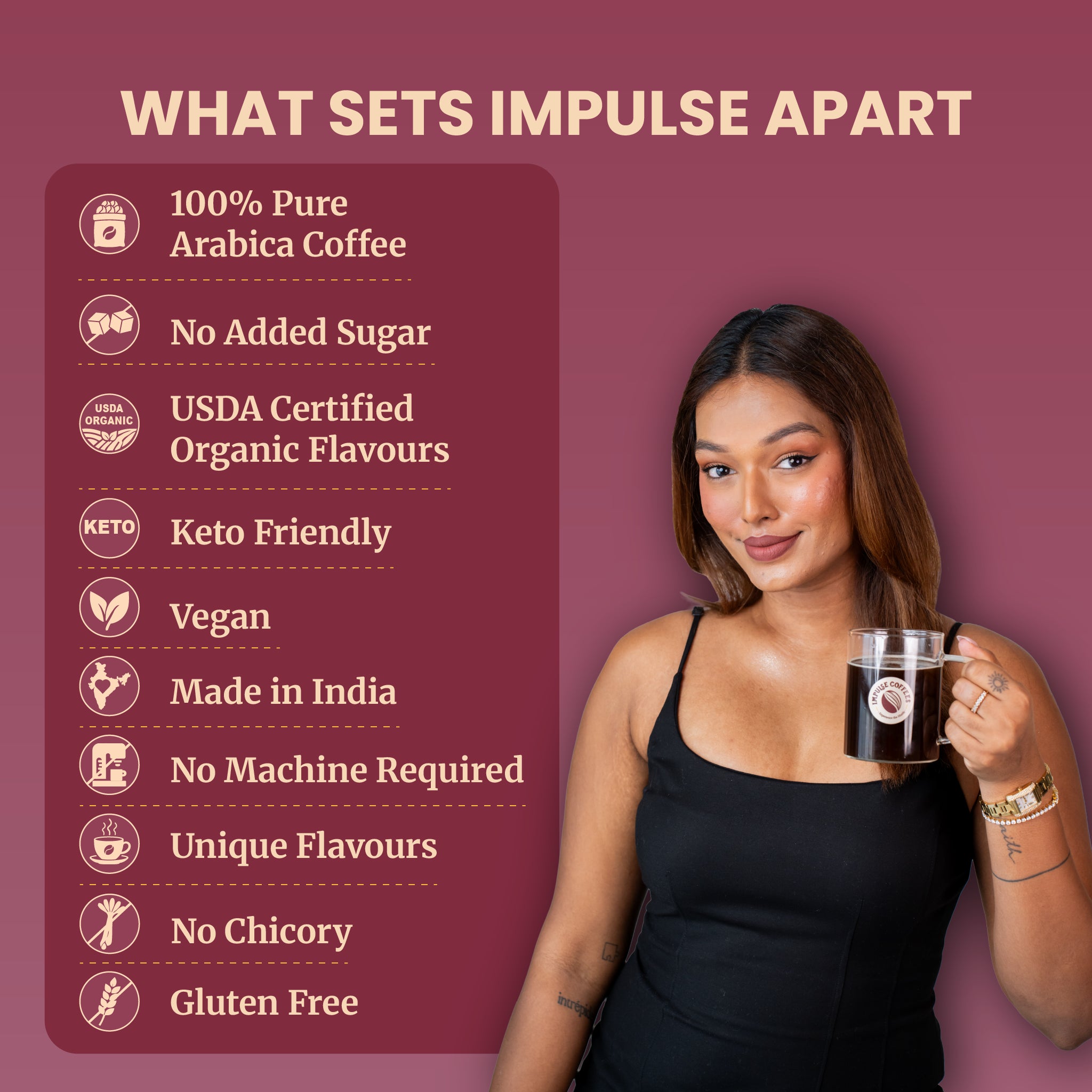 Step-by-step recipe tutorial infographic for hot and cold drinks. Sarah Sarosh, Founder of Impulse Coffees, sips an iced chocolate-raspberry beverage from a glass mason jar next to instructions using 1 sachet of Impulse Coffees, 110 ml of warm or cold milk or water, and optional sugar or sweetener to taste.