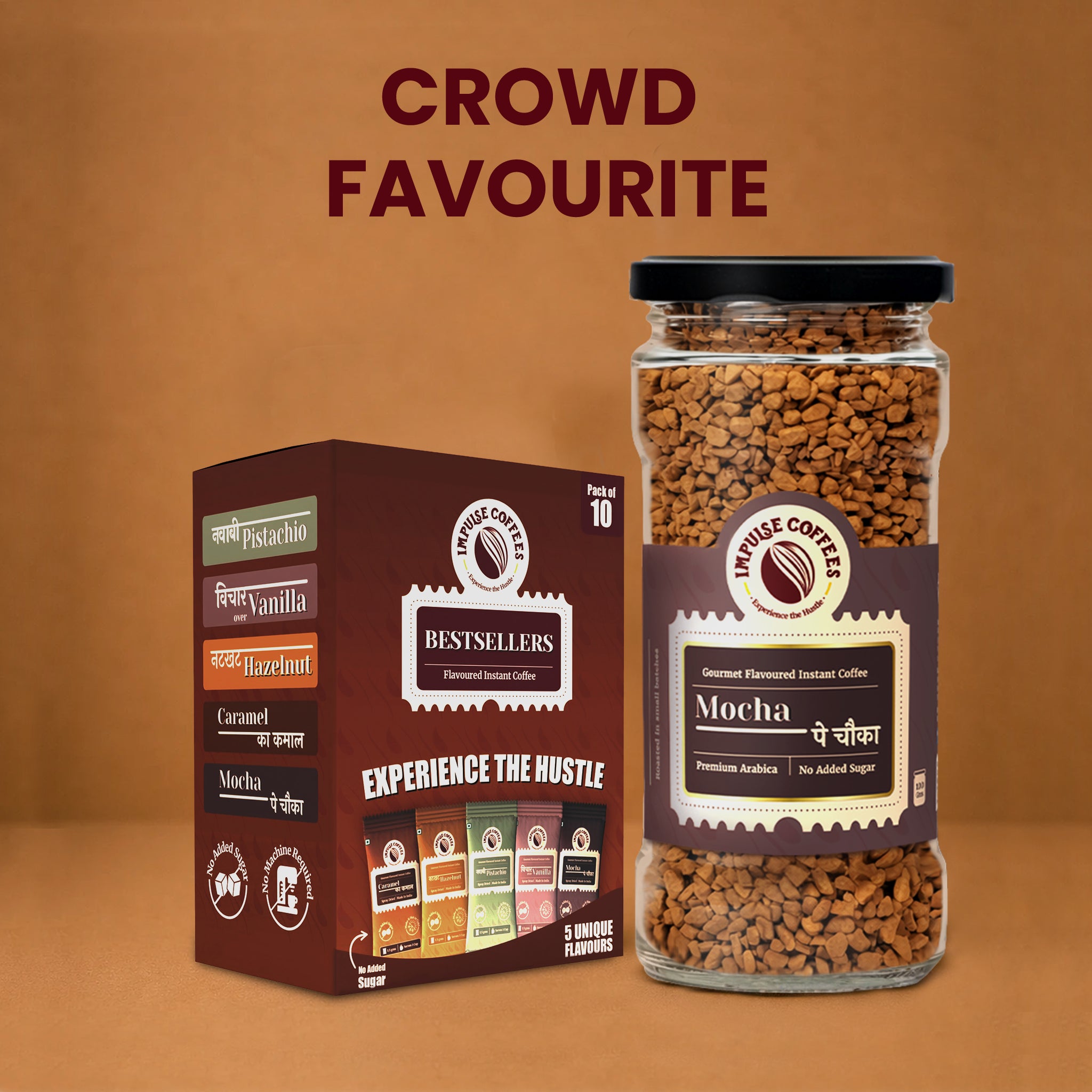 Jar of Mocha instant coffee and a box of best-selling flavors on an orange background