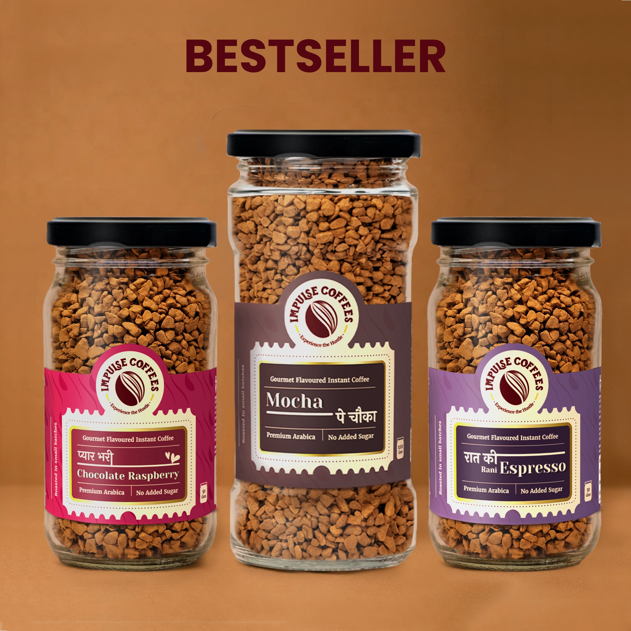 Impulse Coffees Founder's Favourite Bundle bestseller set featuring three premium glass jars of flavoured instant coffee standing side-by-side: Pyarbhari Chocolate Raspberry, Mocha Pe Chauka, and Raat Ki Rani Espresso.
