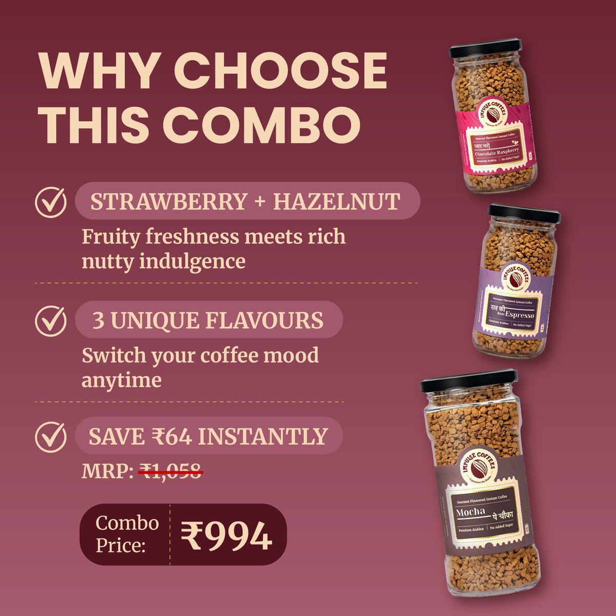 E-commerce marketing infographic for the Impulse Coffees Founder's Favourite Bundle showing three premium instant coffee jars—Chocolate Raspberry, Espresso, and Mocha—offering a discounted combo price of ₹994 with an instant savings of ₹64.