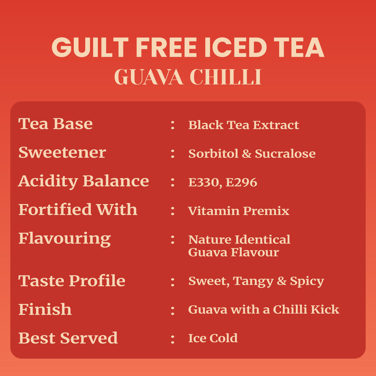 Taste breakdown table for Impulse Coffees Guilt Free Guava Chilli Iced Tea detailing its black tea extract base, nature-identical fruit flavor, and a sweet, tangy, and spicy finish with a chilli kick.