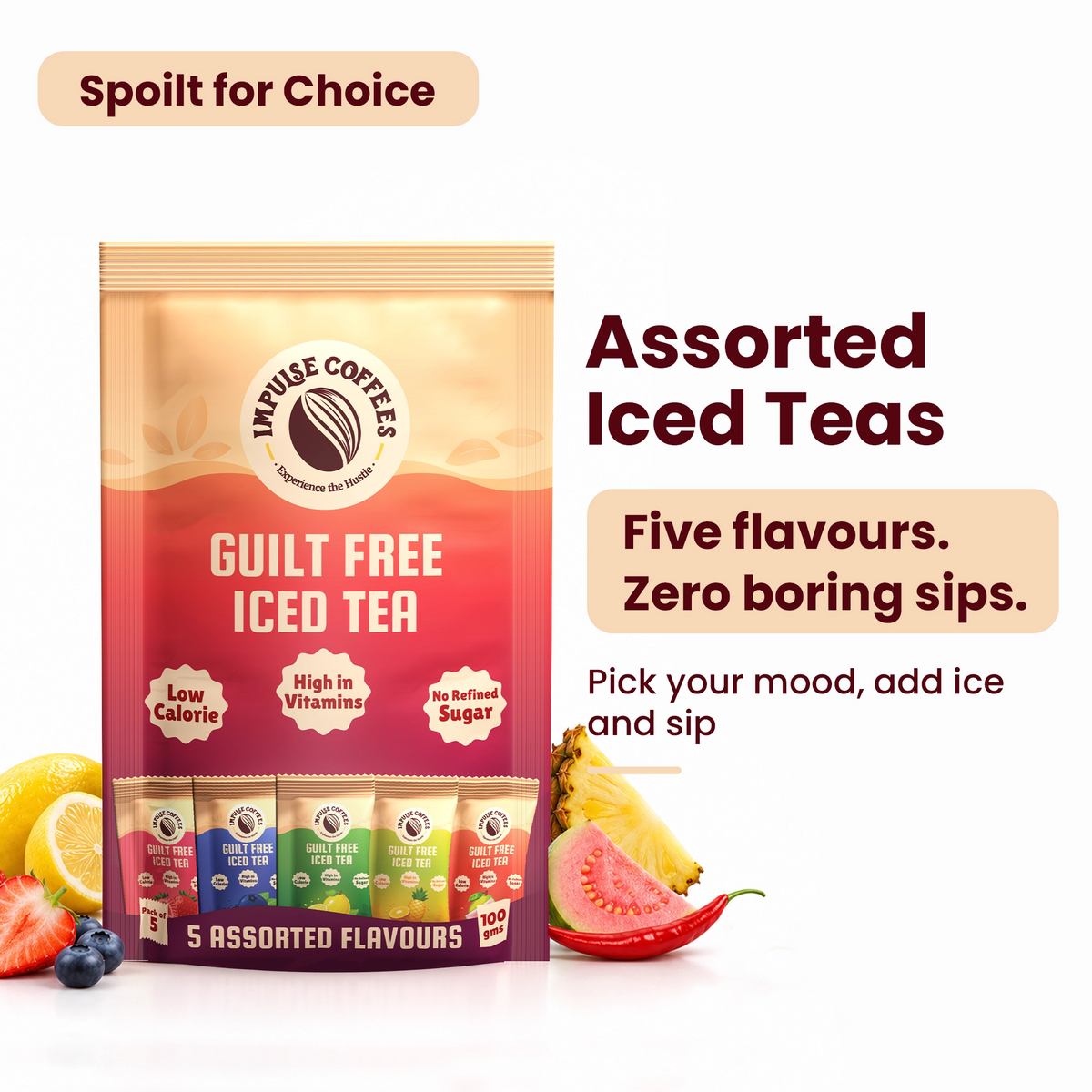 Impulse Coffees Guilt Free Assorted Iced Teas 100g multipack containing 5 individual sachets of Strawberry, Blueberry, Lemon, Pineapple, and Guava Chilli flavours, featuring low calorie, high in vitamins, and no refined sugar badges.