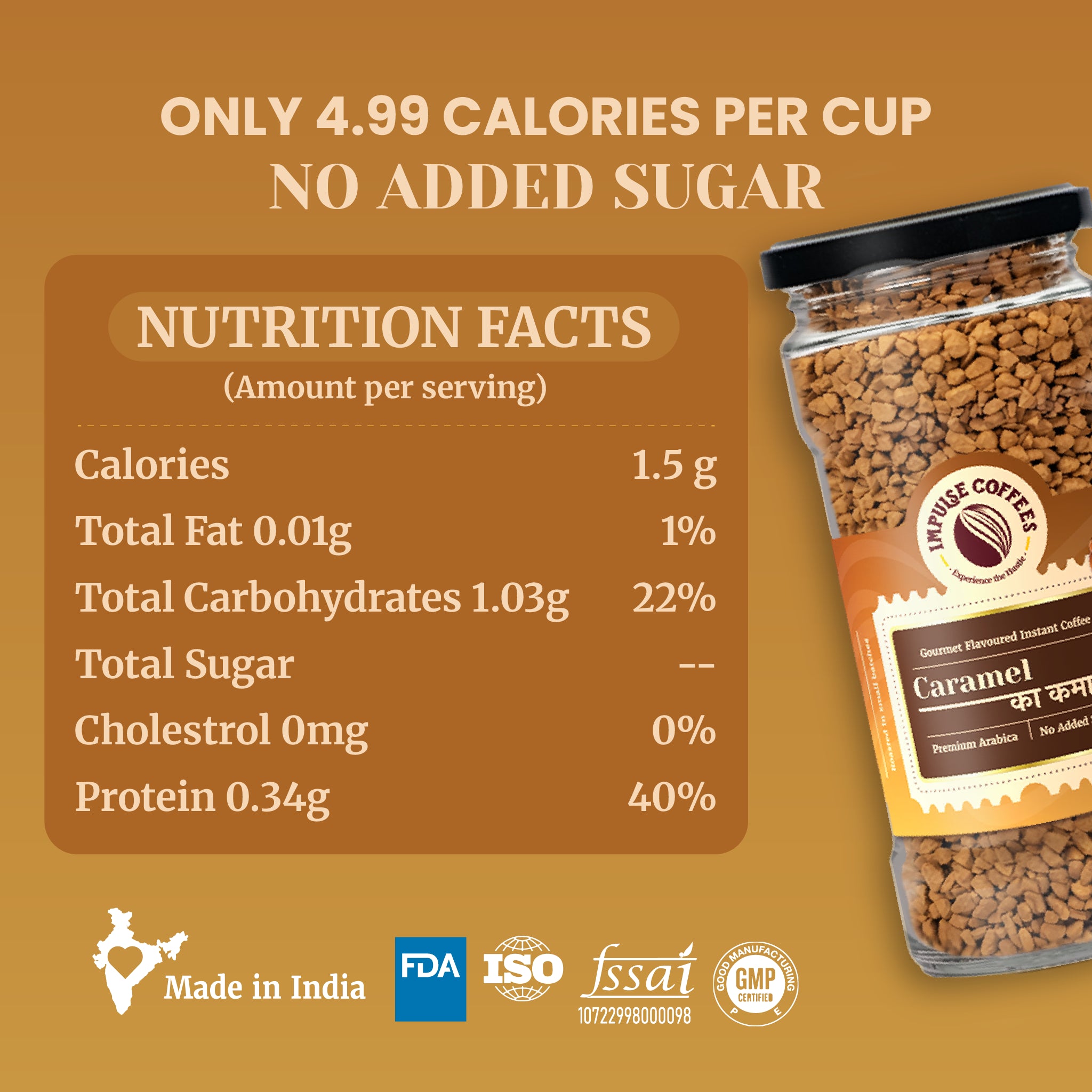 Nutrition facts infographic for Impulse Coffees showing 4.99 calories per cup and zero added sugar. Features an orange-brown nutritional metrics panel next to a large 100g glass jar filled with premium freeze-dried coffee granules, complete with manufacturing quality badges at the bottom.