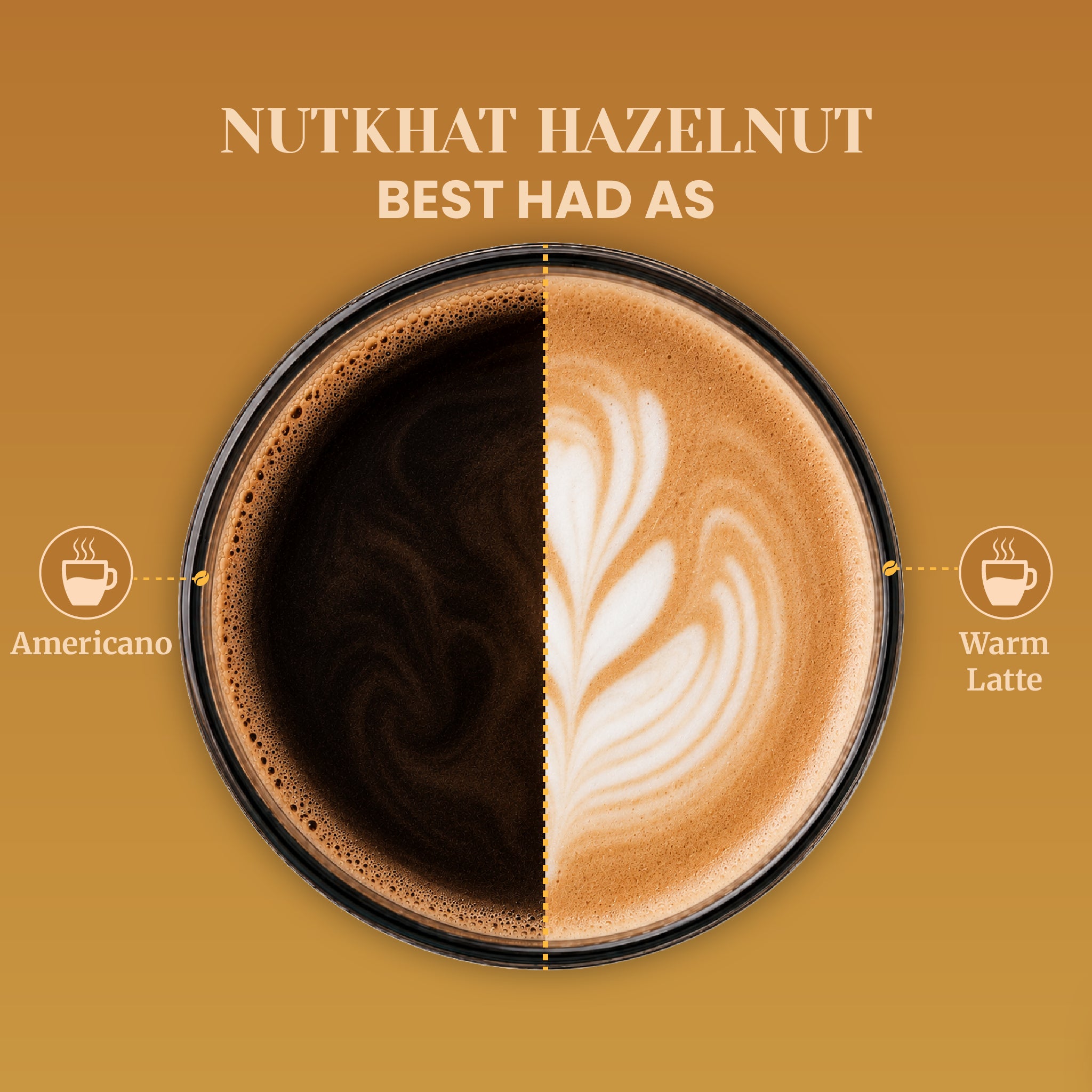 A top-down split-screen visual of a circular glass displaying the two best serving methods for Nutkhat Hazelnut coffee. The left side showcases a bold, dark black Americano with a delicate crema ring, while the right side shows a smooth, creamy warm latte decorated with intricate leaf-shaped milk foam latte art.