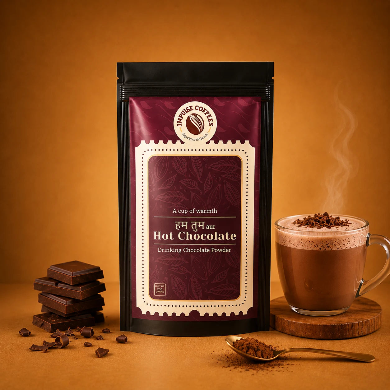 Hot chocolate packaging with a cup of hot chocolate, chocolate bars, and chocolate chips on an orange background.