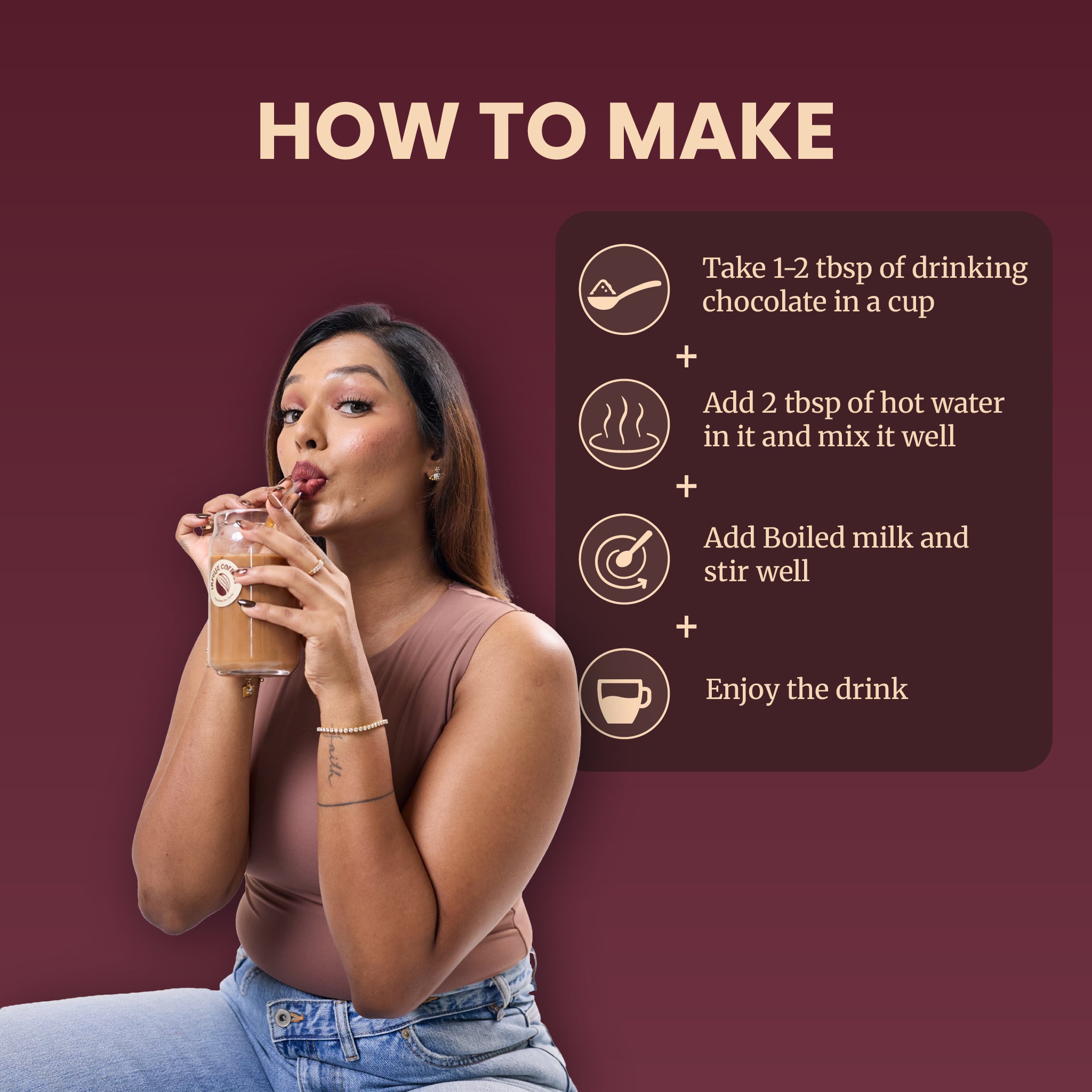 Step-by-step brewing instruction infographic titled How to Make by Impulse Coffees. Outlines a 4-step recipe text panel: scoop 1-2 tbsp drinking chocolate, add 2 tbsp hot water to mix well, add boiled milk and stir, and enjoy the hot or cold chocolate drink.