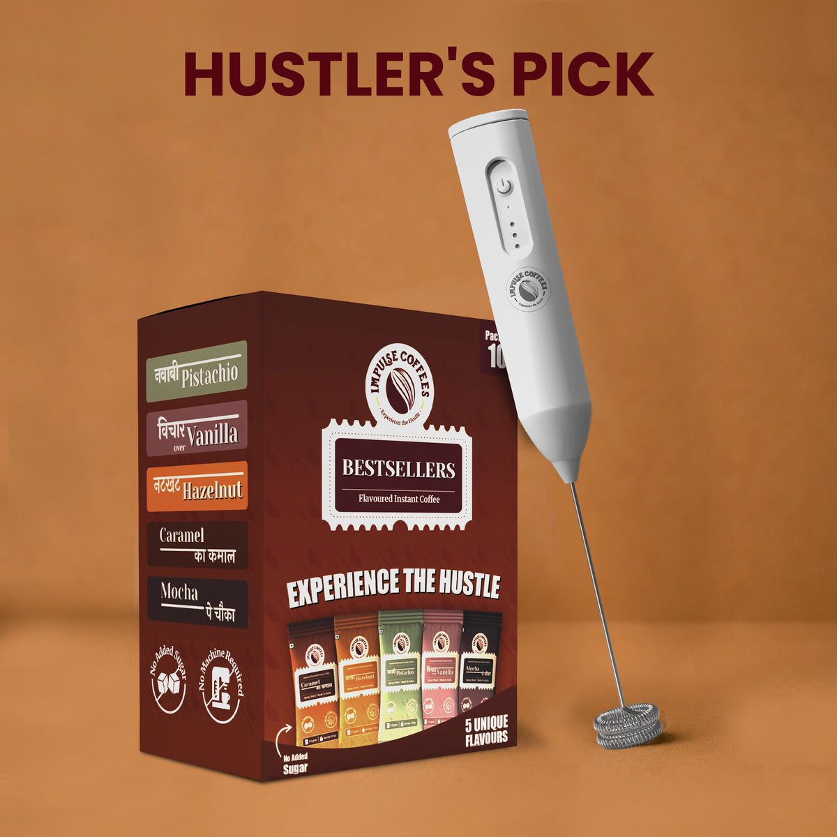Box of flavored instant coffee with a milk frother on an orange background, labeled 'Hustler's Pick'.