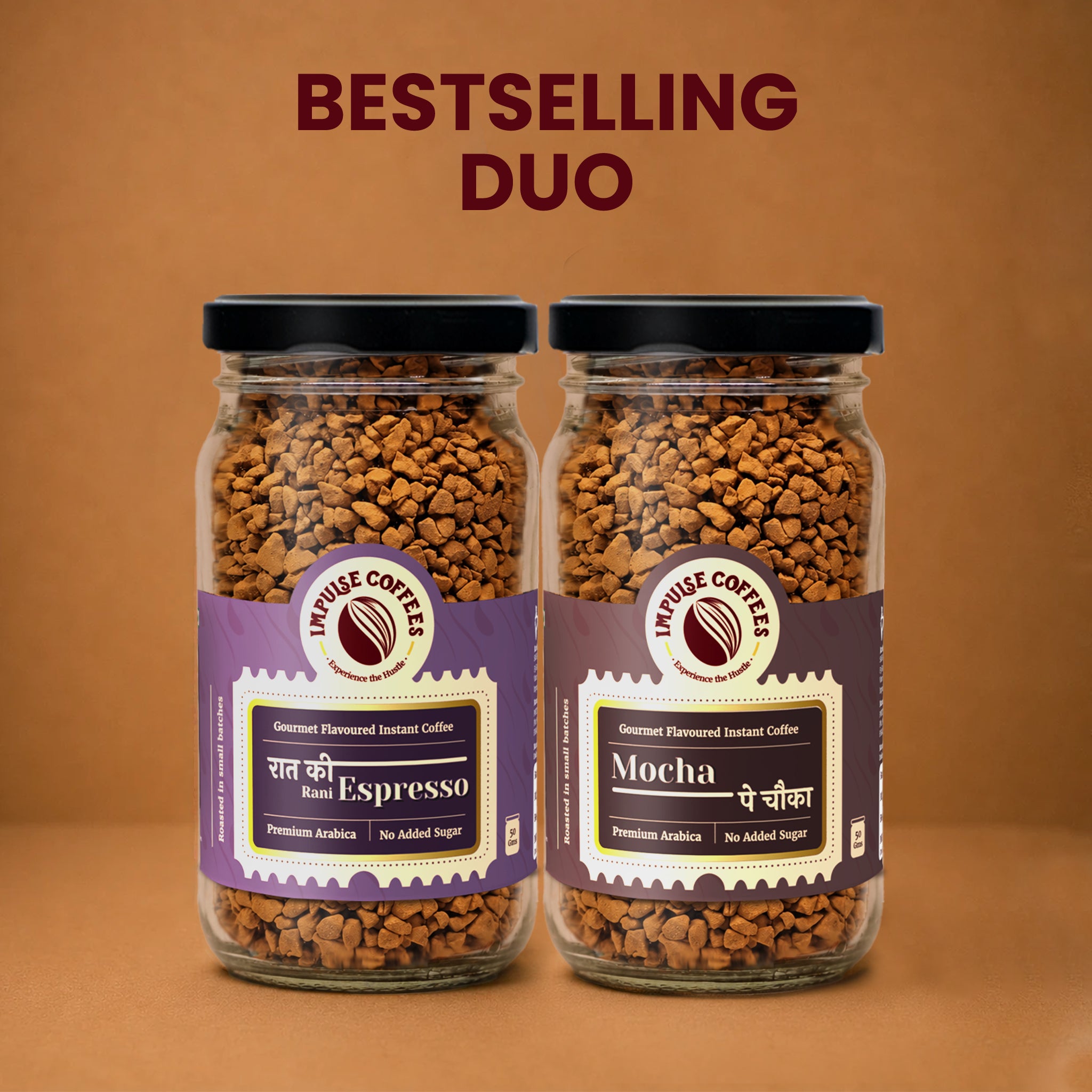 Impulse Coffees Hustlers Combo premium product bundle featuring a twin set of glass jars standing side-by-side on a warm brown background: Raat Ki Rani Espresso and Caramel Ka Kamal gourmet flavoured instant coffee.