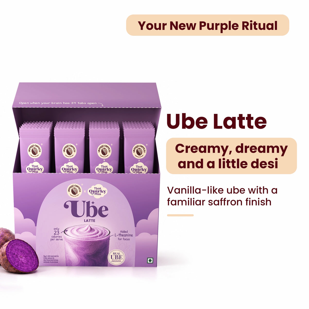 Impulse Coffees x That Quirky Miss Ube Latte product display under "Your New Purple Ritual" banner, showcasing a 20-sachet box (5g each) of vanilla-like ube powder with a saffron finish, 23 calories per serve, and L-theanine for focus.