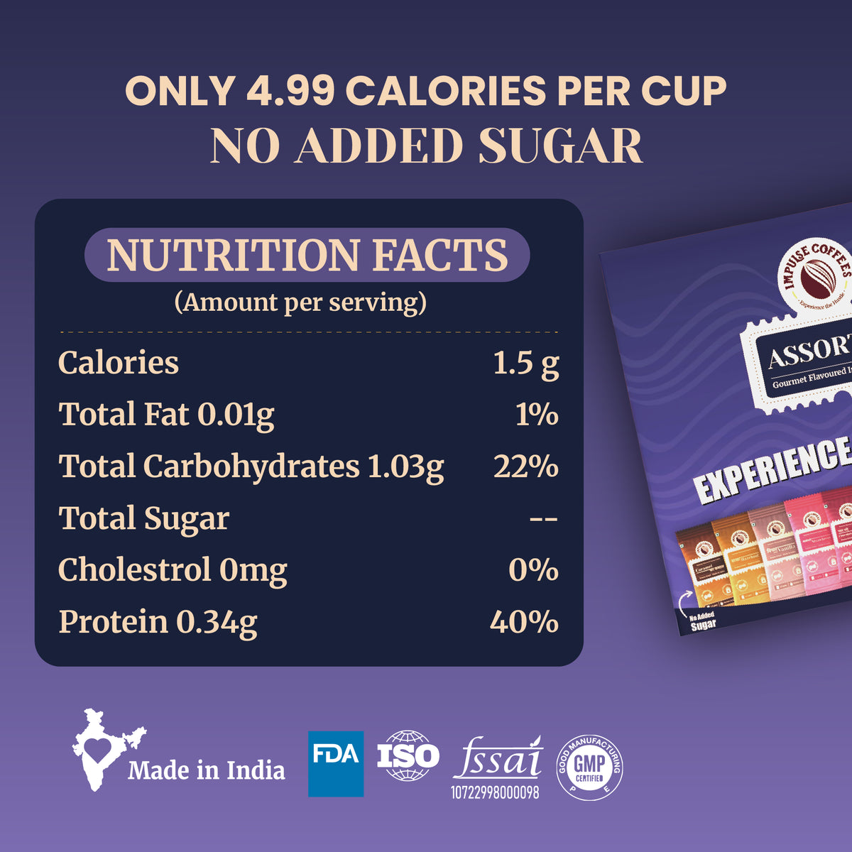 Nutrition facts chart for Impulse Coffees Assorted Box Pack of 30 showing 4.99 calories per cup and no added sugar. Displays values for fat, carbohydrates, and protein alongside FSSAI, FDA, and ISO safety certification labels.