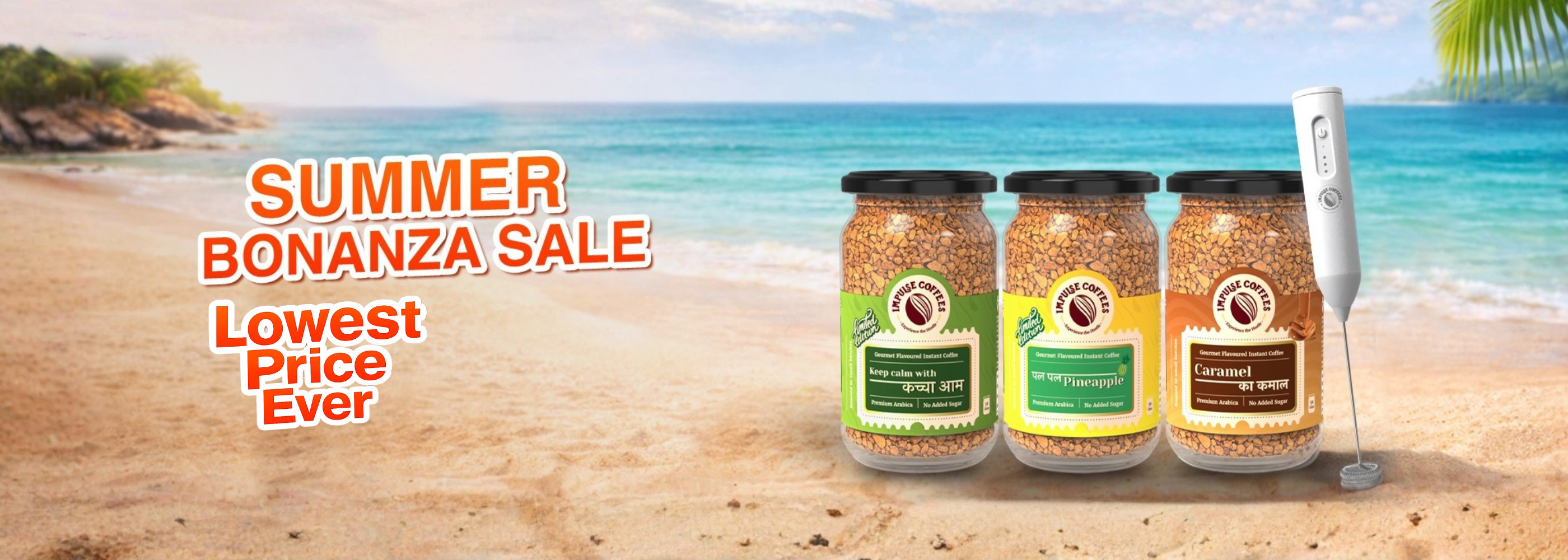 Three jars of coffee on a beach with 'Summer Bonanza Sale' text.