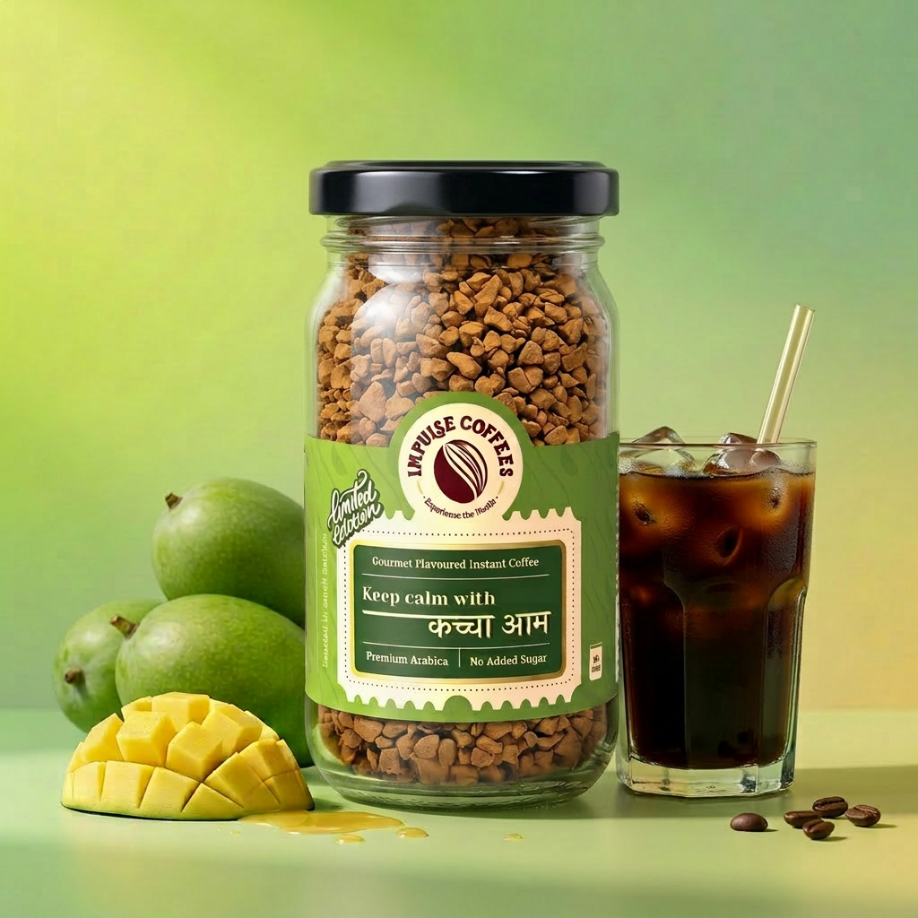 Impulse Coffees Keep Calm With Kacha Aam flavored instant coffee jar on a vibrant light green backdrop, surrounded by floating raw green mango slices, unpeeled whole mangoes, and roasted coffee beans.