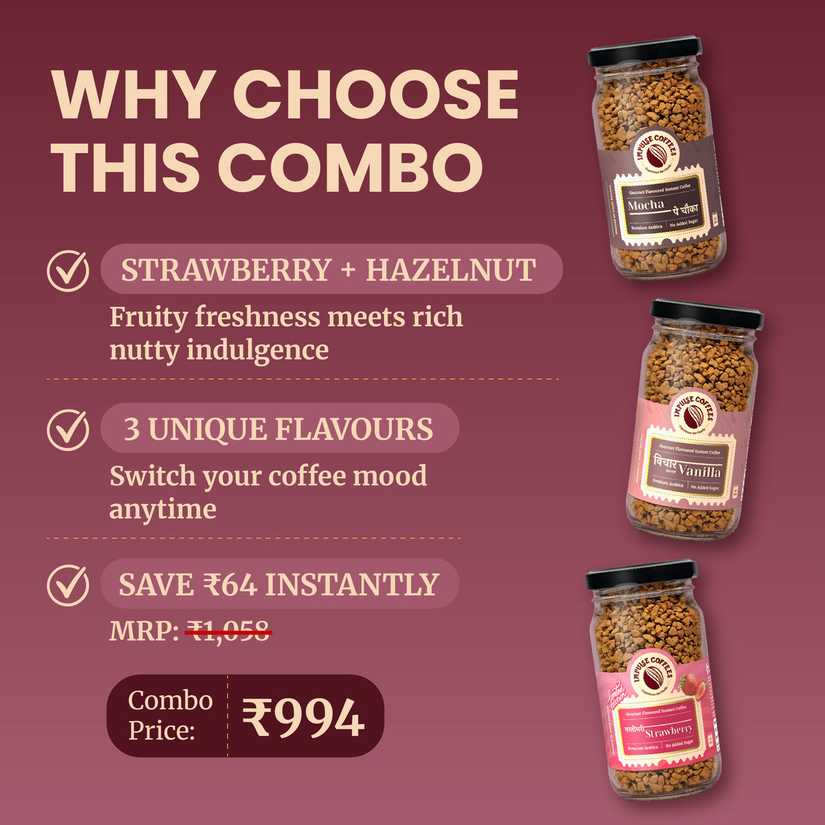 E-commerce marketing infographic for the Impulse Coffees Everyone's Favourite Combo package detailing an instant savings of ₹64 with a discounted combo price of ₹994 for three unique instant coffee flavours: Mocha, Vanilla, and Strawberry.
