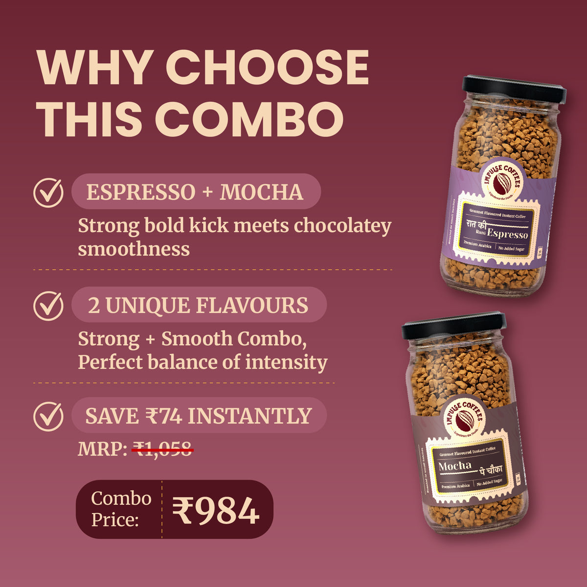 Promotional e-commerce infographic for the Impulse Coffees Hustlers Combo pack, showcasing an instant savings of ₹134 with a discounted combo price of ₹924 for Espresso and Caramel Ka Kamal coffee jars.