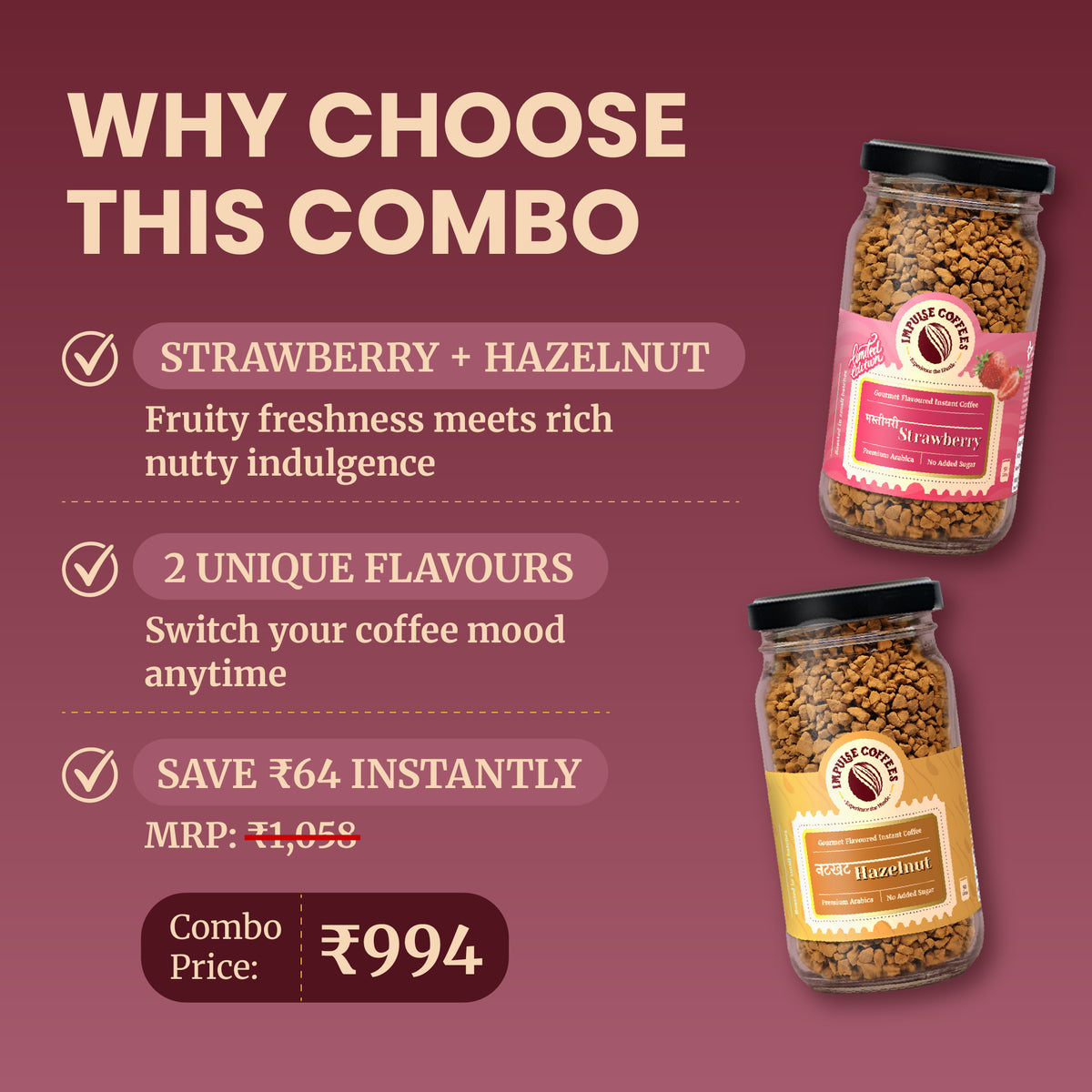 Berilicious Duo | Masti Bhari Strawberry Coffee powder 50 gms Jar + Nutkhat Hazelnut coffee powder 50 gms jar