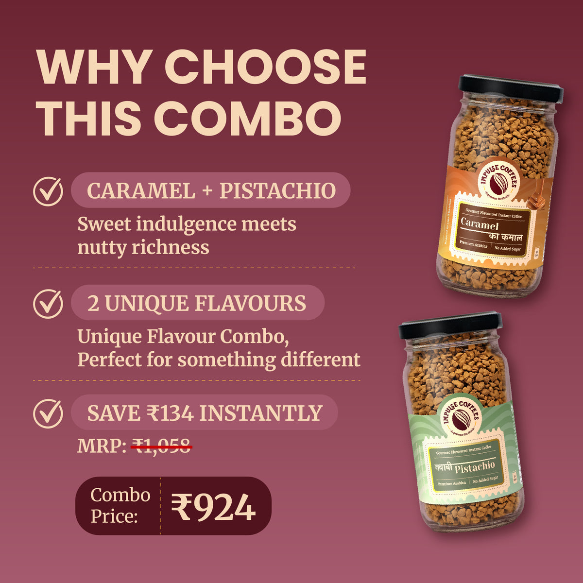 Promotional e-commerce infographic for the Impulse Coffees Nawabi Meetha Combo pack, showing an instant savings of ₹134 with a discounted combo price of ₹924 for Caramel Ka Kamal and Nawabi Pistachio jars.