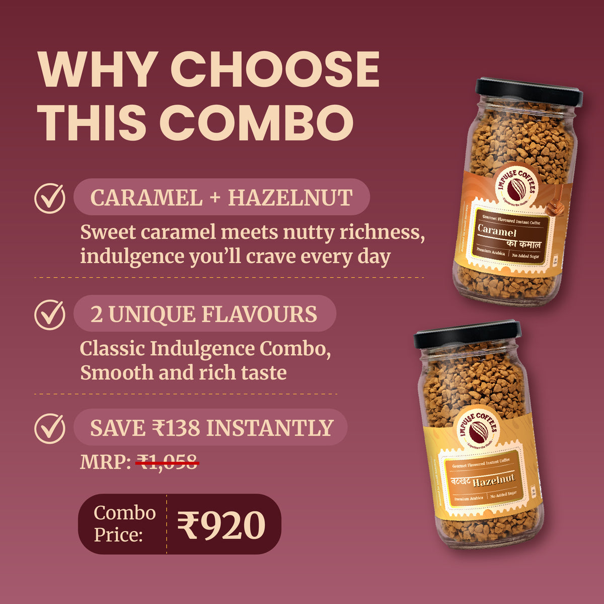 Promotional e-commerce infographic for the Impulse Coffees Nutty Delight Combo pack, highlighting an instant savings of ₹134 with a discounted combo price of ₹924 for Caramel ka Kamal and Nuthkhat Hazelnut coffee jars.