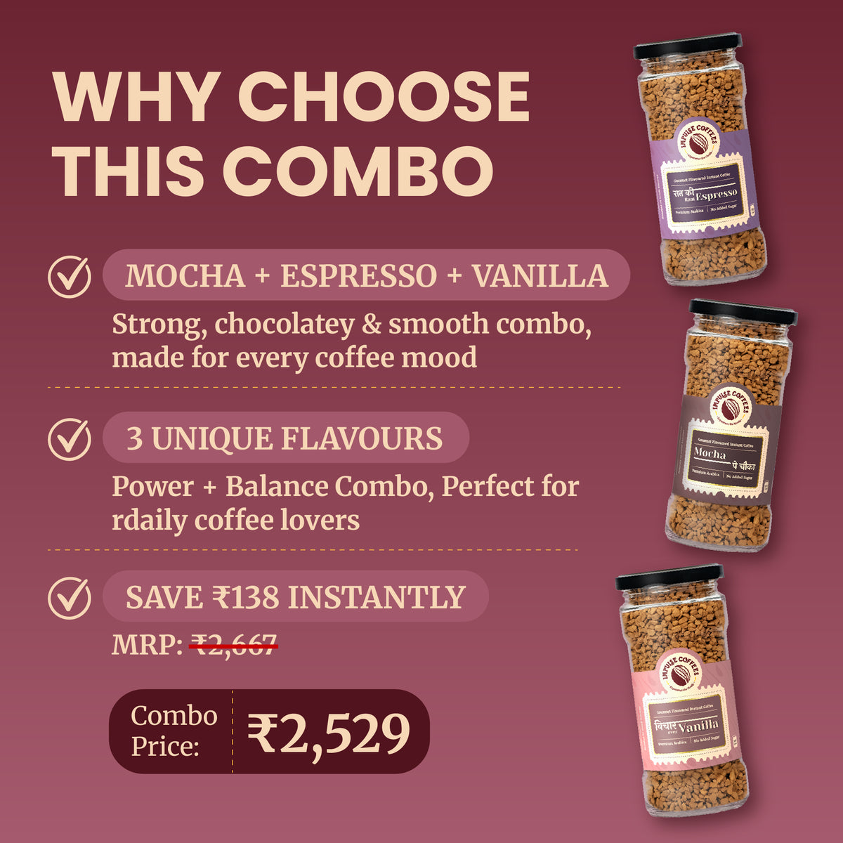 Impulse Coffees OG Bundle detailing an instant savings of ₹138 with a discounted combo price of ₹2,529 for three premium Arabica coffee jars: Mocha, Espresso, and Vanilla.