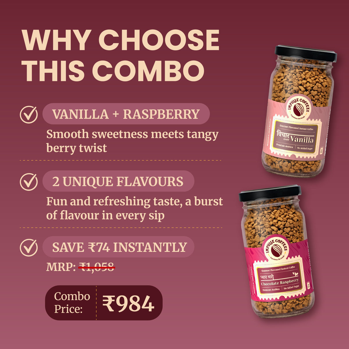 Promotional e-commerce infographic for the Impulse Coffees Perfect Match Combo pack, highlighting an instant savings of ₹134 with a discounted combo price of ₹924 for Vanilla and Hazelnut premium coffee jars.