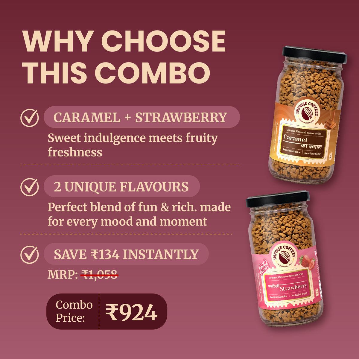 Promotional marketing infographic for the Impulse Coffees Sweet Tooth Combo pack, showcasing an instant savings of ₹134 with a discounted combo price of ₹924 for Caramel and Mocha premium coffee jars.