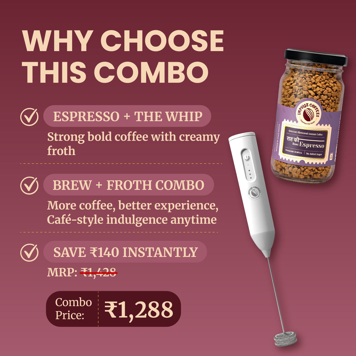 E-commerce marketing infographic for the Impulse Coffees Whip's Express combo pack, highlighting an instant savings of ₹290 with a discounted combo price of ₹1,498 for the Raat Ki Rani Espresso jar and The Whip electric frother bundle.
