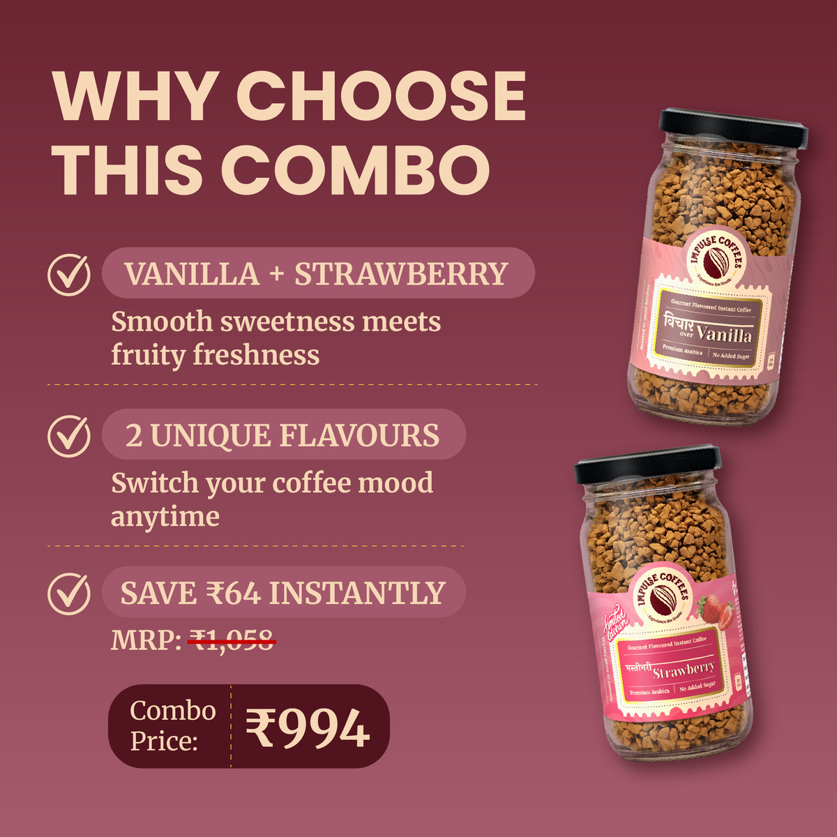 E-commerce marketing infographic for the Impulse Coffees Whip's Express combo pack, highlighting an instant savings of ₹290 with a discounted combo price of ₹1,498 for the Raat Ki Rani Espresso jar and The Whip electric frother bundle.