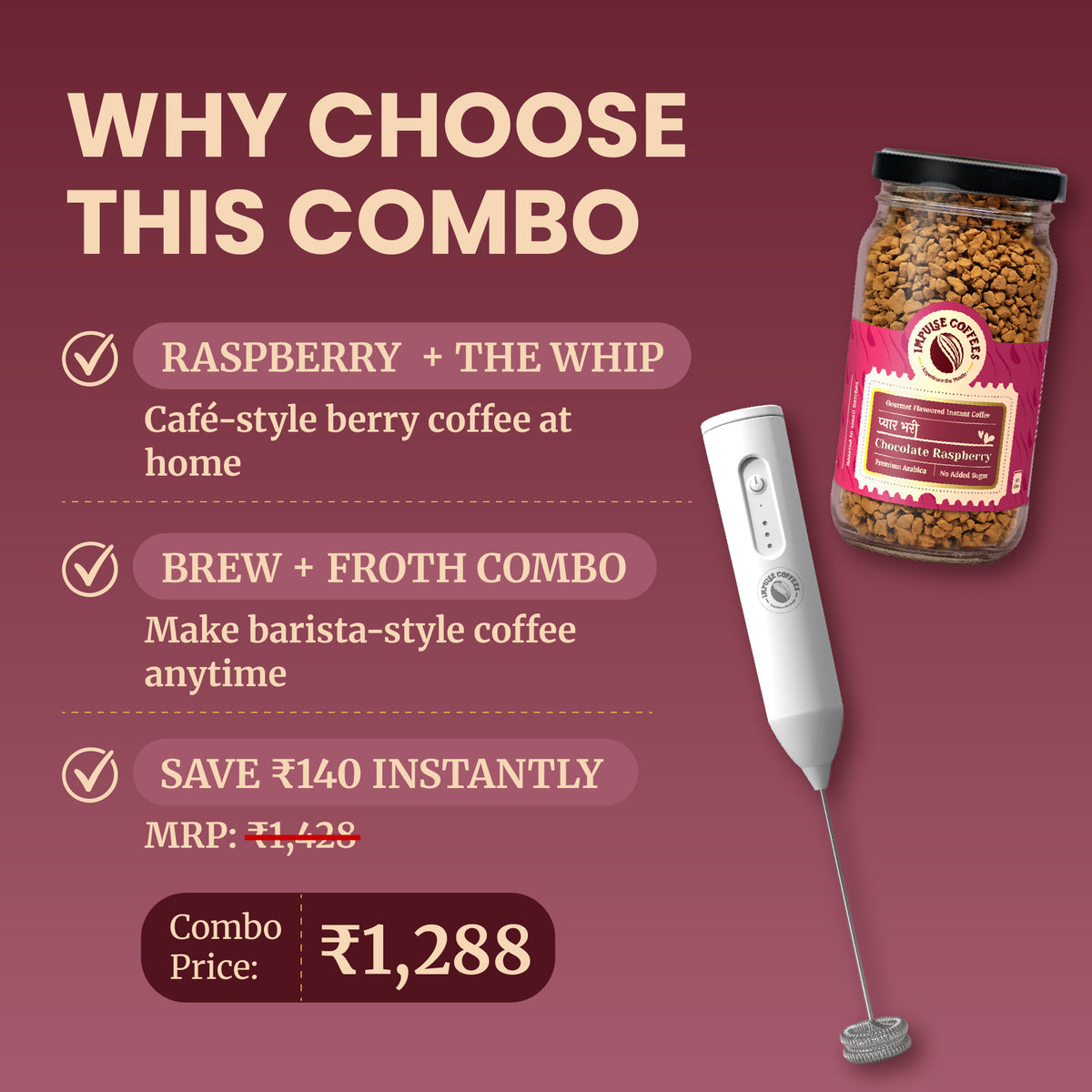 E-commerce marketing infographic for the Impulse Coffees Berry Whipped Combo pack, highlighting an instant savings of ₹140 with a discounted combo price of ₹1,288 for the Chocolate Raspberry jar and The Whip electric frother set.
