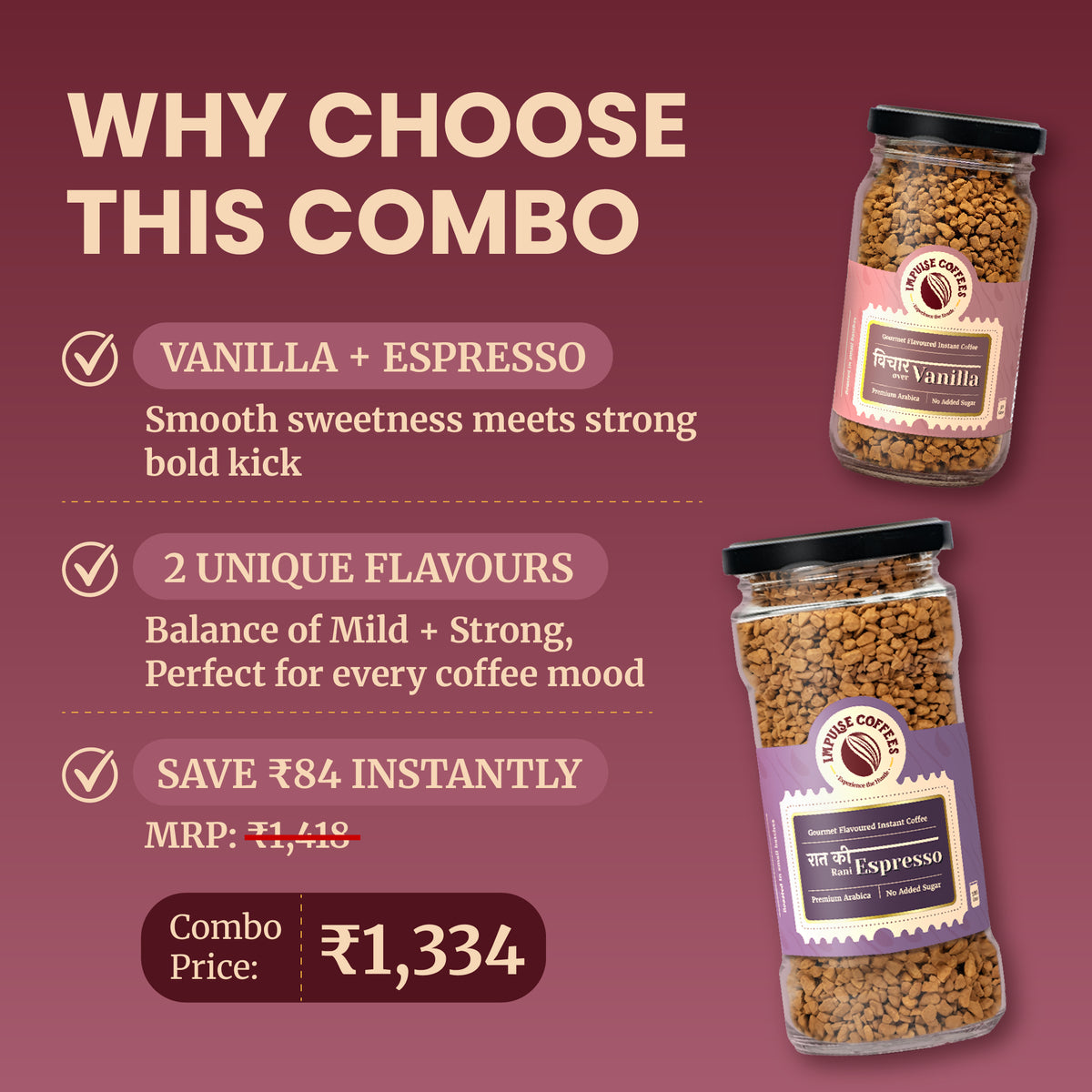 Promotional e-commerce infographic for the Impulse Coffees Bittersweet Combo pack, showcasing an instant savings of ₹134 with a discounted combo price of ₹924 for Espresso and Chocolate Raspberry premium coffee jars.