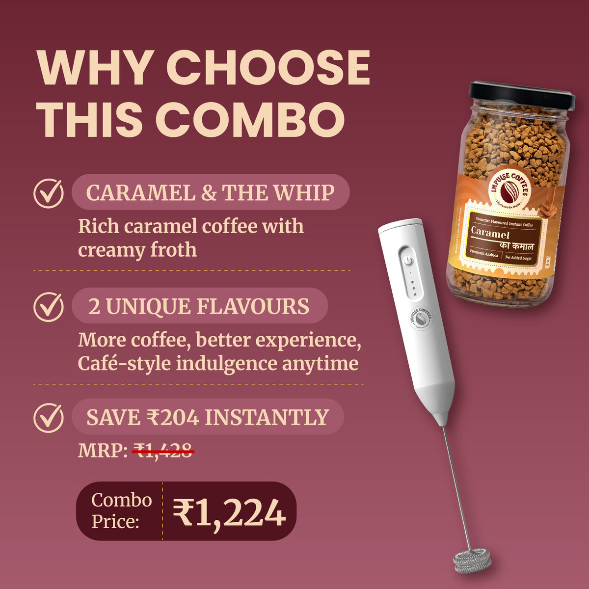 Promotional e-commerce infographic for the Impulse Coffees Caramel Swirl pack, showing an instant savings of ₹134 with a discounted combo price of ₹924 for Caramel Ka Kamal and Vichaar Over Vanilla jars.