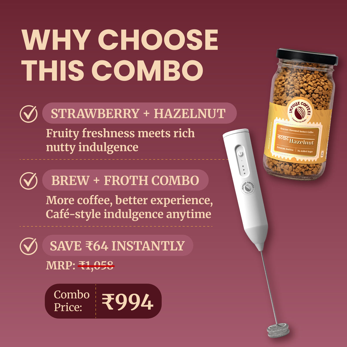 E-commerce marketing infographic for the Impulse Coffees Frothy Nut Combo pack, highlighting an instant savings of ₹290 with a discounted combo price of ₹1,498 for the Nutkhat Hazelnut jar and The Whip electric frother bundle.
