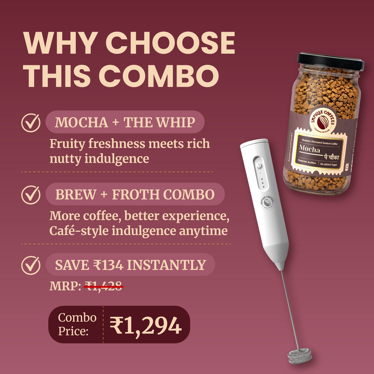 Promotional e-commerce infographic for the Impulse Coffees Main Character Combo pack, showcasing an instant savings of ₹134 with a discounted combo price of ₹924 for Nutkhat Hazelnut and Caramel Ka Kamal coffee jars.