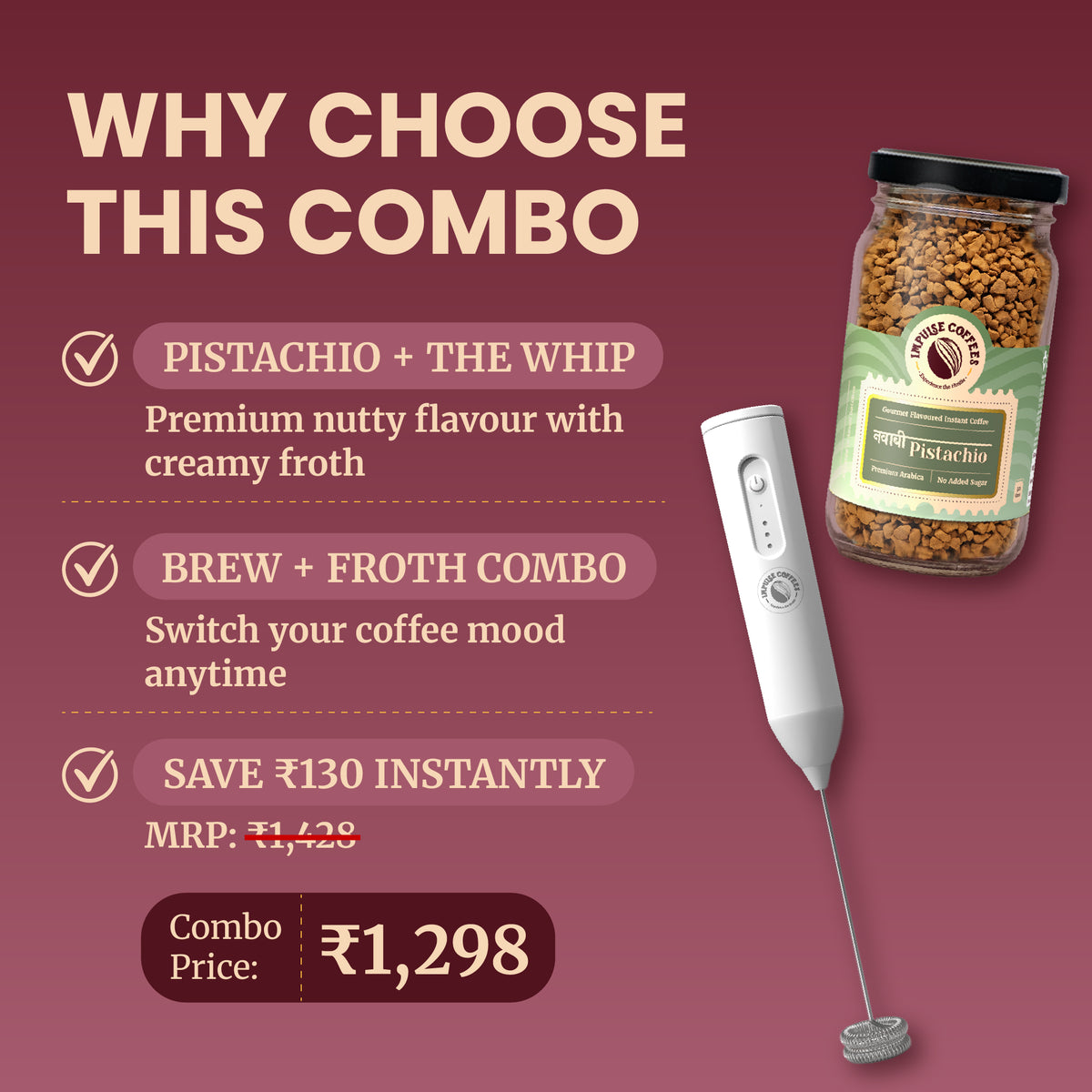 E-commerce marketing infographic for the Impulse Coffees Nawabi Froth Combo pack, highlighting an instant savings of ₹290 with a discounted combo price of ₹1,498 for the Nawabi Pistachio jar and The Whip electric frother set.