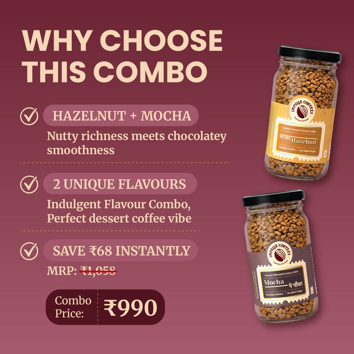 Promotional e-commerce infographic for the Impulse Coffees Nutty Coffee Combo pack, highlighting an instant savings of ₹134 with a discounted combo price of ₹924 for Nutkhat Hazelnut and Vichaar Over Vanilla jars.