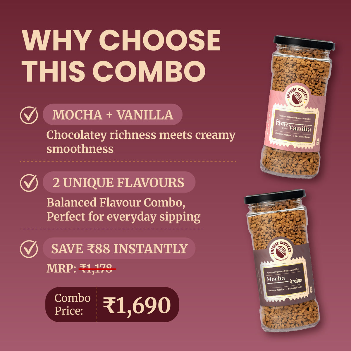 Promotional e-commerce infographic for the Impulse Coffees Refuel Combo pack, highlighting an instant savings of ₹134 with a discounted combo price of ₹924 for Espresso and Hazelnut premium coffee jars.