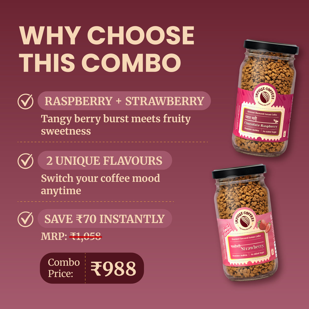 Promotional e-commerce infographic for the Impulse Coffees Berry Delight Combo pack, showcasing an instant savings of ₹134 with a discounted combo price of ₹924 for Vanilla and Chocolate Raspberry coffee jars.
