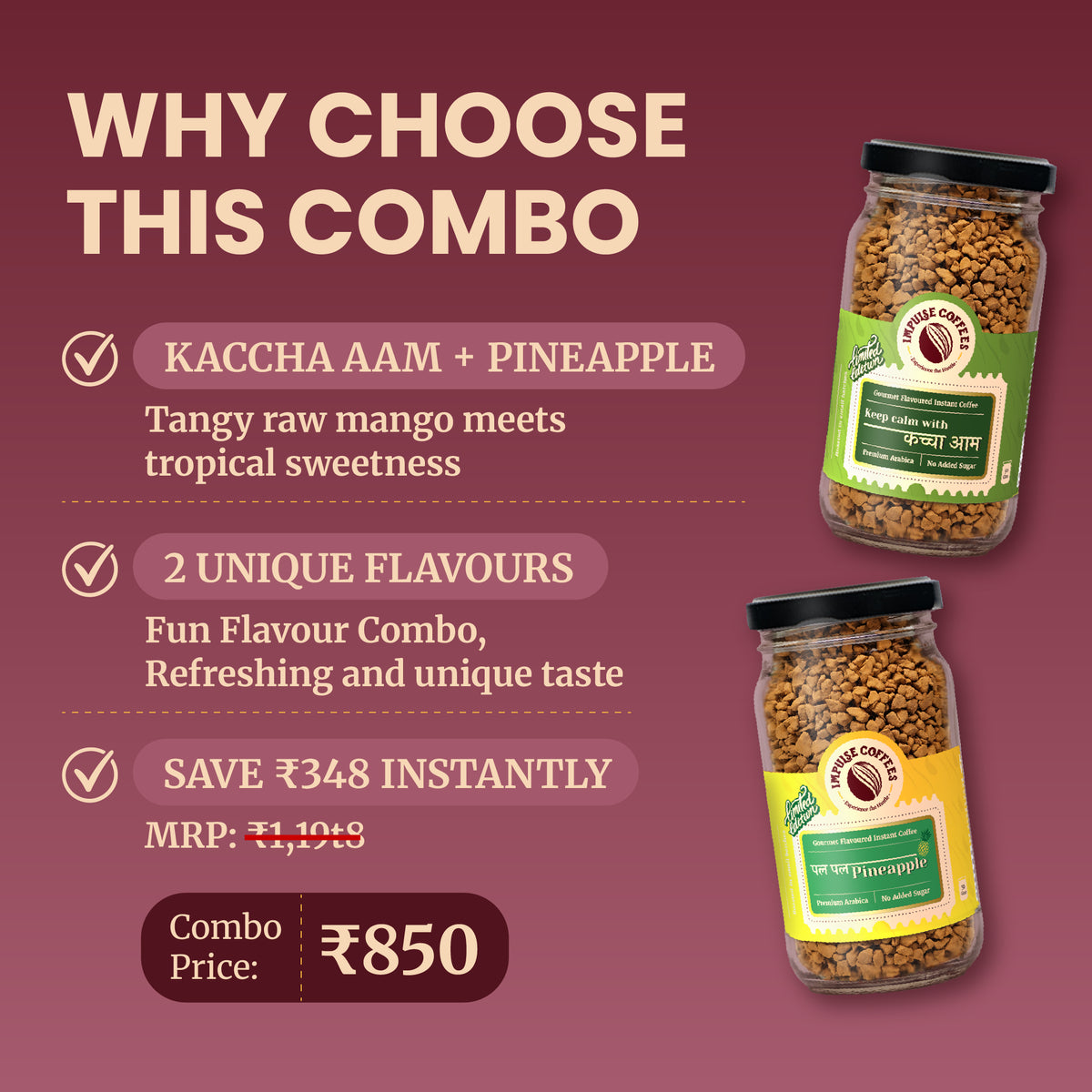 Promotional e-commerce infographic for the Impulse Coffees Summer Surprise Duo pack, showcasing an instant savings of ₹134 with a discounted combo price of ₹924 for Pineapple and Kachcha Aam fruit coffee jars.