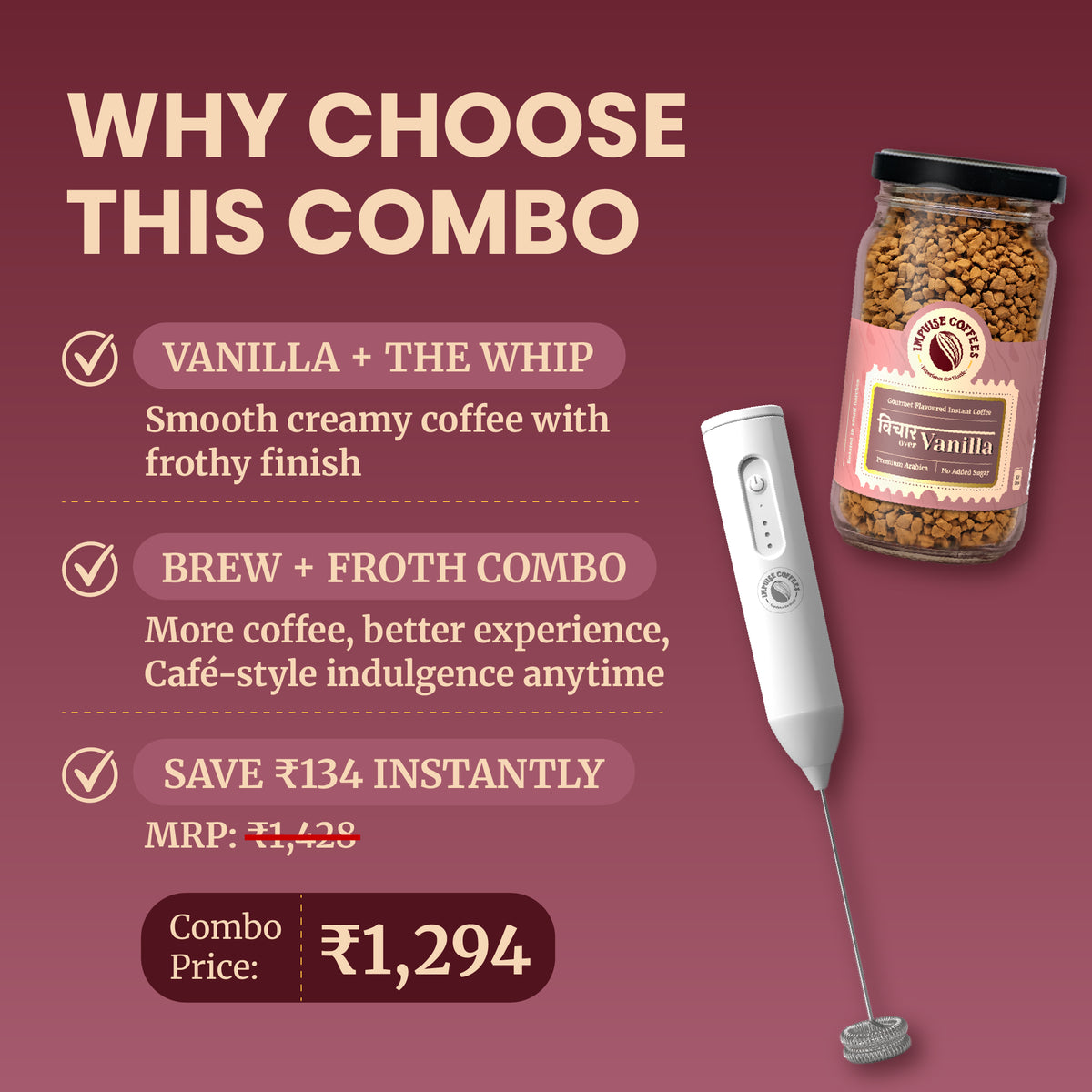 E-commerce marketing infographic for the Impulse Coffees Vanilla Whip combo pack, highlighting an instant savings of ₹290 with a discounted combo price of ₹1,498 for the Vichaar Over Vanilla jar and The Whip electric frother bundle.