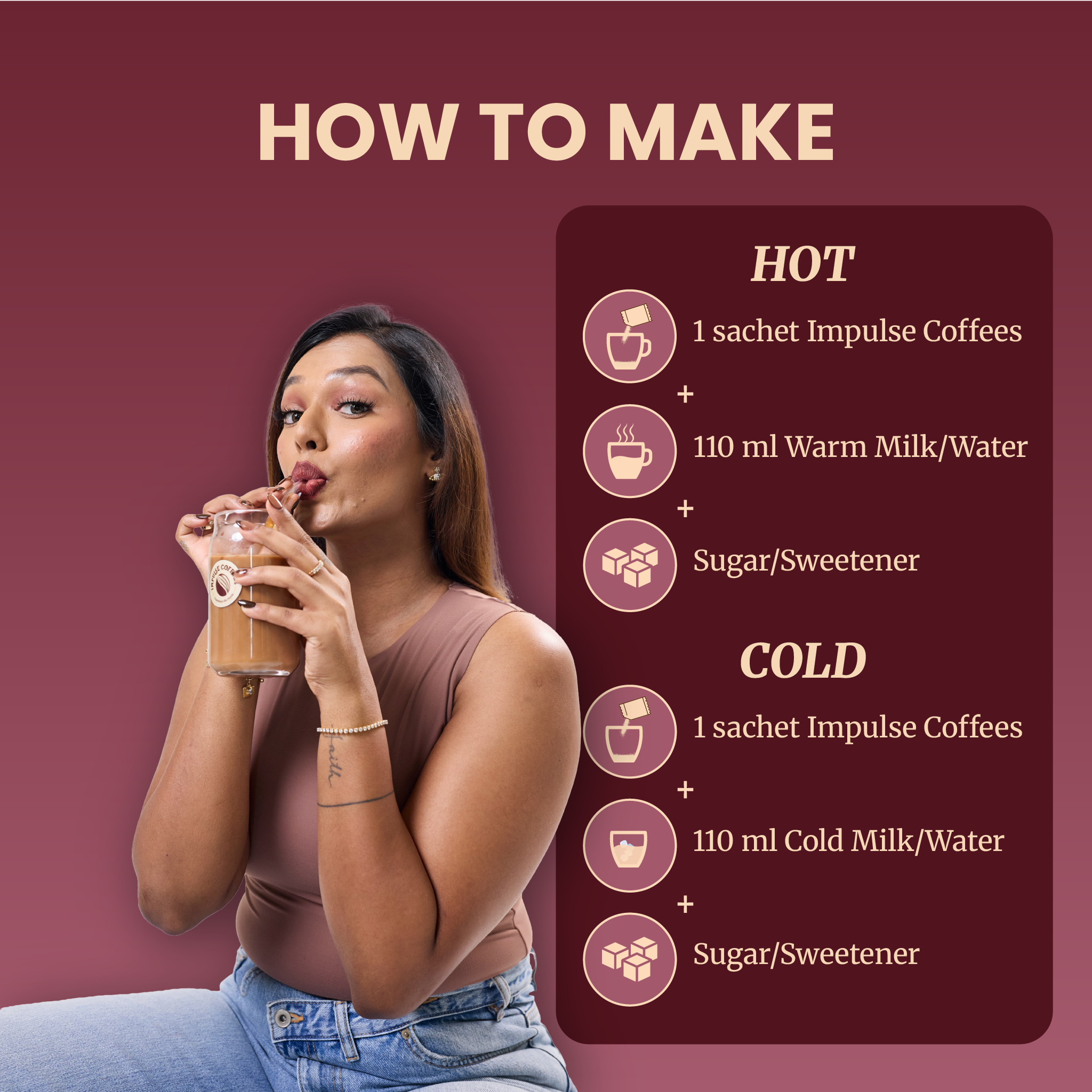 Sarah Sarosh the Founder of Impulse Coffees, drinking a coffee drink with instructions on how to make it hot and cold.