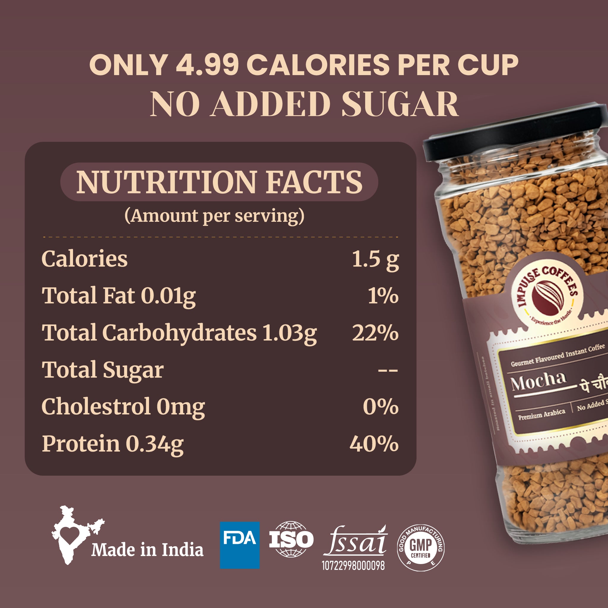 Nutrition facts chart for Impulse Coffees Mocha flavored instant coffee showing 4.99 calories per cup and zero added sugar. Features a dark brown product data card next to a large 100g glass jar of freeze-dried coffee granules with quality trust badges at the bottom.