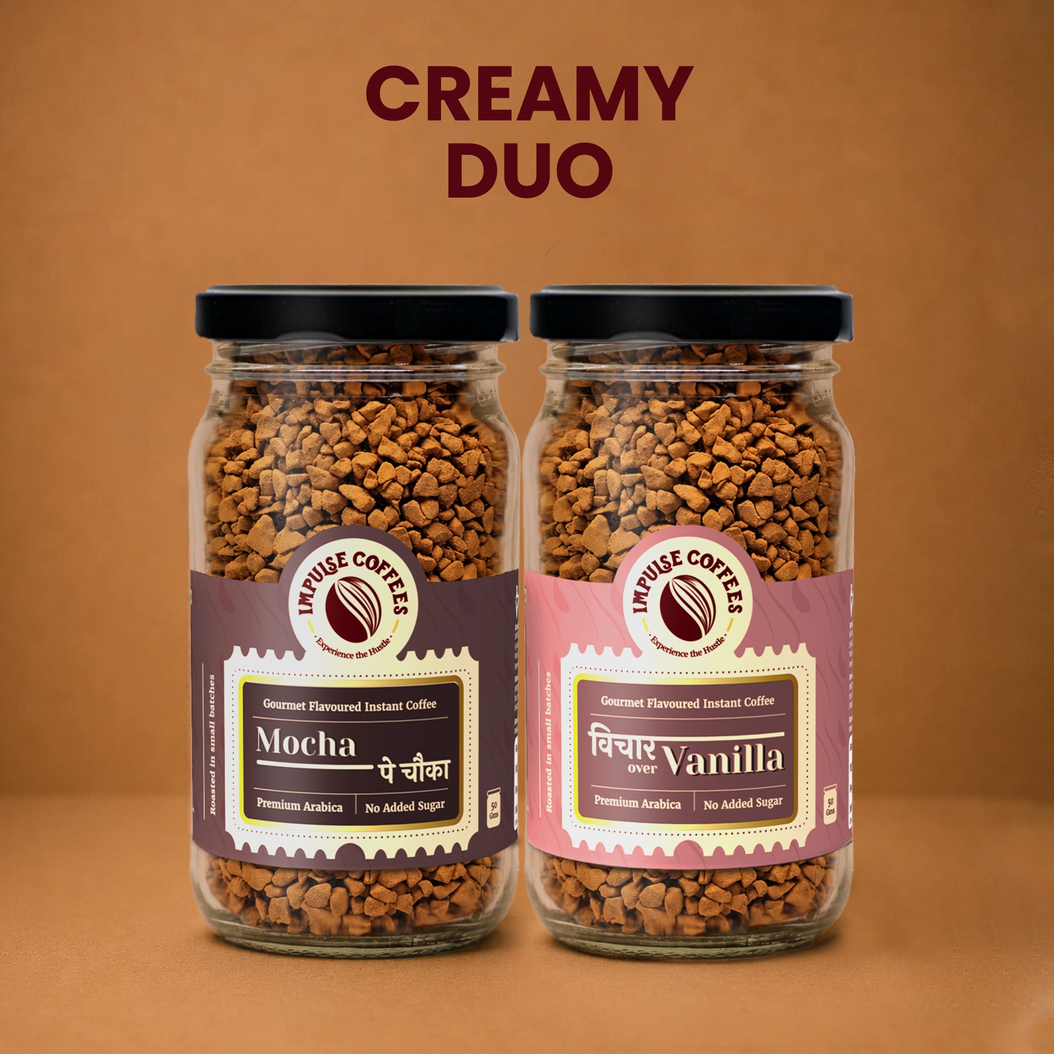 Two jars of instant coffee labeled 'Mocha' and 'Vanilla' with 'Creamy Duo' text on a brown background.