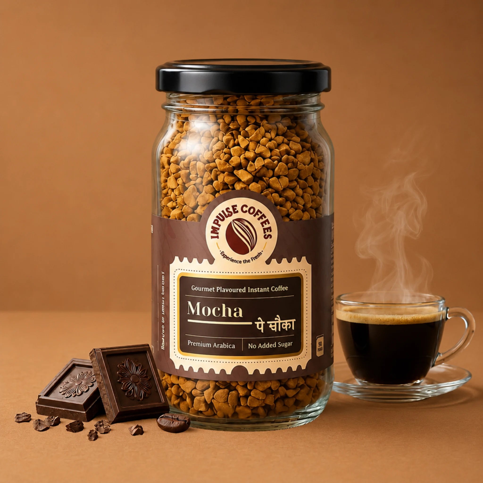 Impulse Coffees Mocha Pe Chauka flavored instant coffee 50g jar on a dark cocoa backdrop, surrounded by floating premium chocolate chunks and roasted coffee beans.