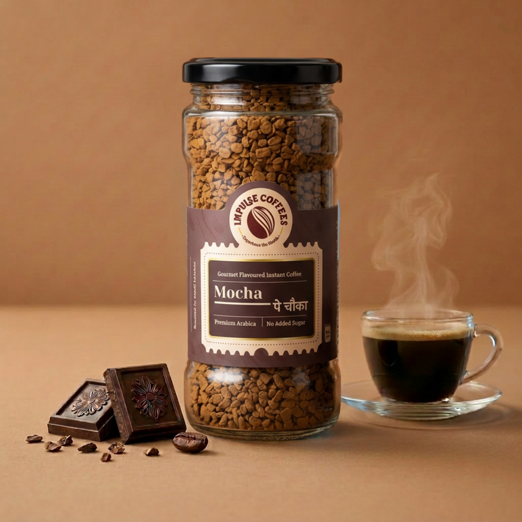 Impulse Coffees Mocha Pe Chauka flavored instant coffee jar on a deep chocolate brown studio backdrop, surrounded by floating dark chocolate squares and scattered roasted coffee beans.
